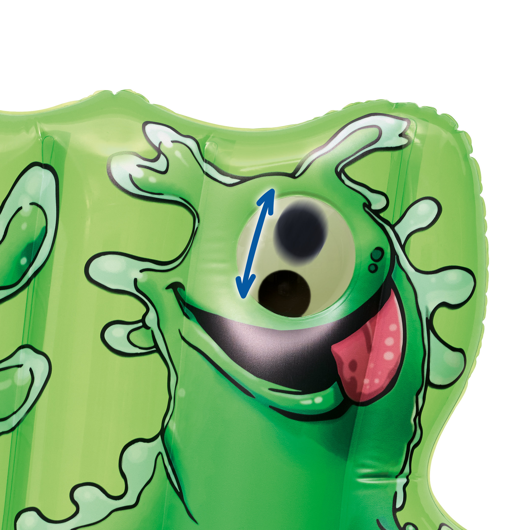 Grüner, monsterartiger Ballon mit einem lächelnden Gesicht, herausgestreckter Zunge und einem großen Auge.