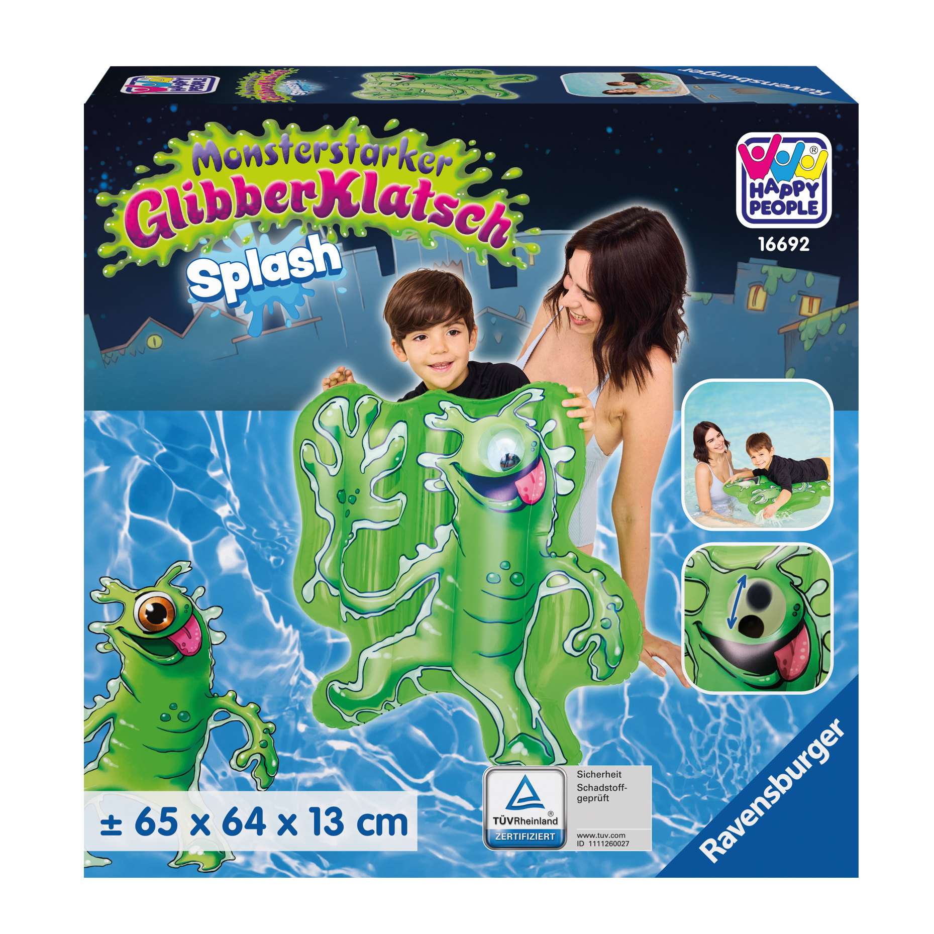Eine glückliche Familie spielt mit einer grünen aufblasbaren Froschfigur in einem Pool. Der Frosch ist groß.
