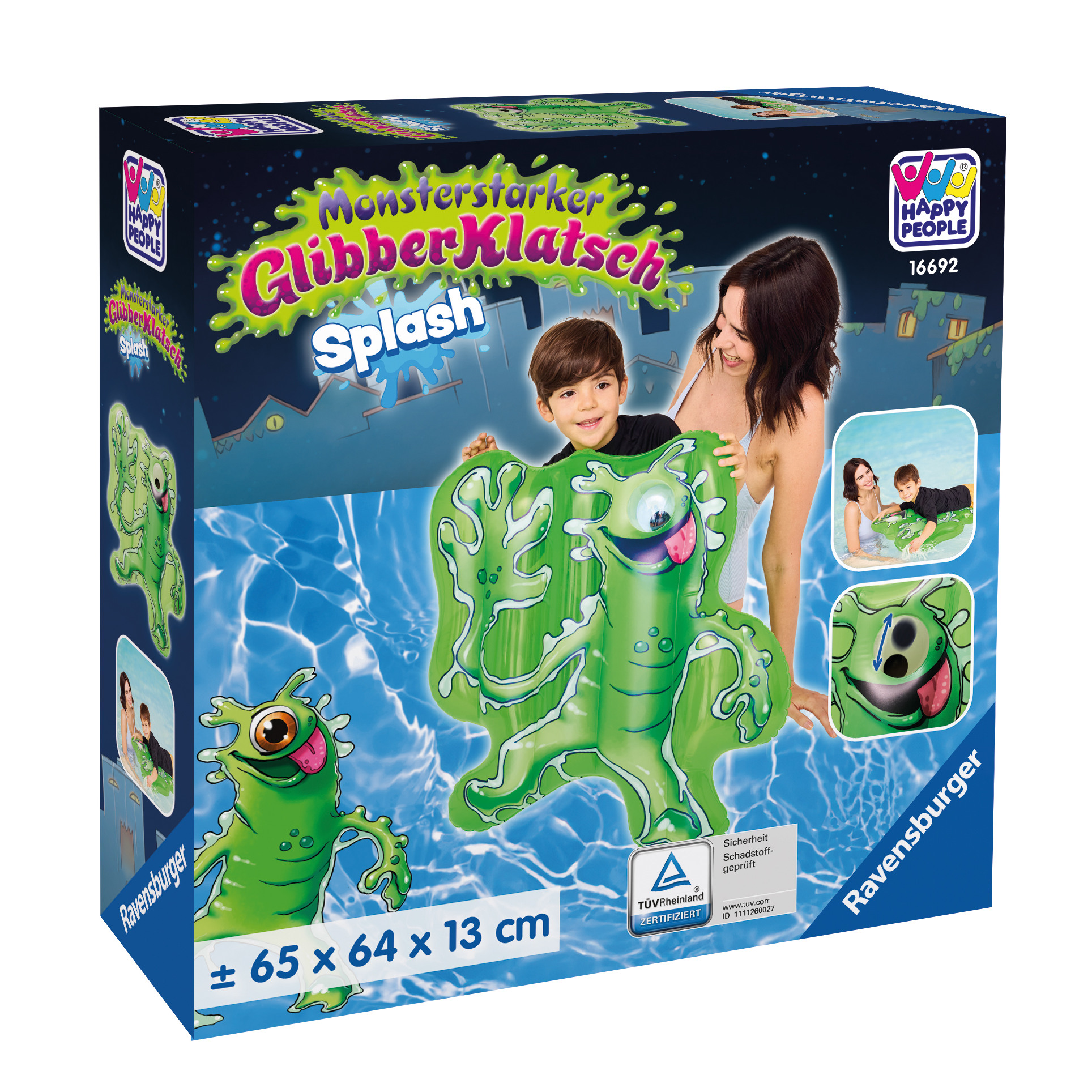 Eine Spielzeugkiste mit einer grünen Froschfigur in einem Pool und einer Frau und einem Jungen daneben.