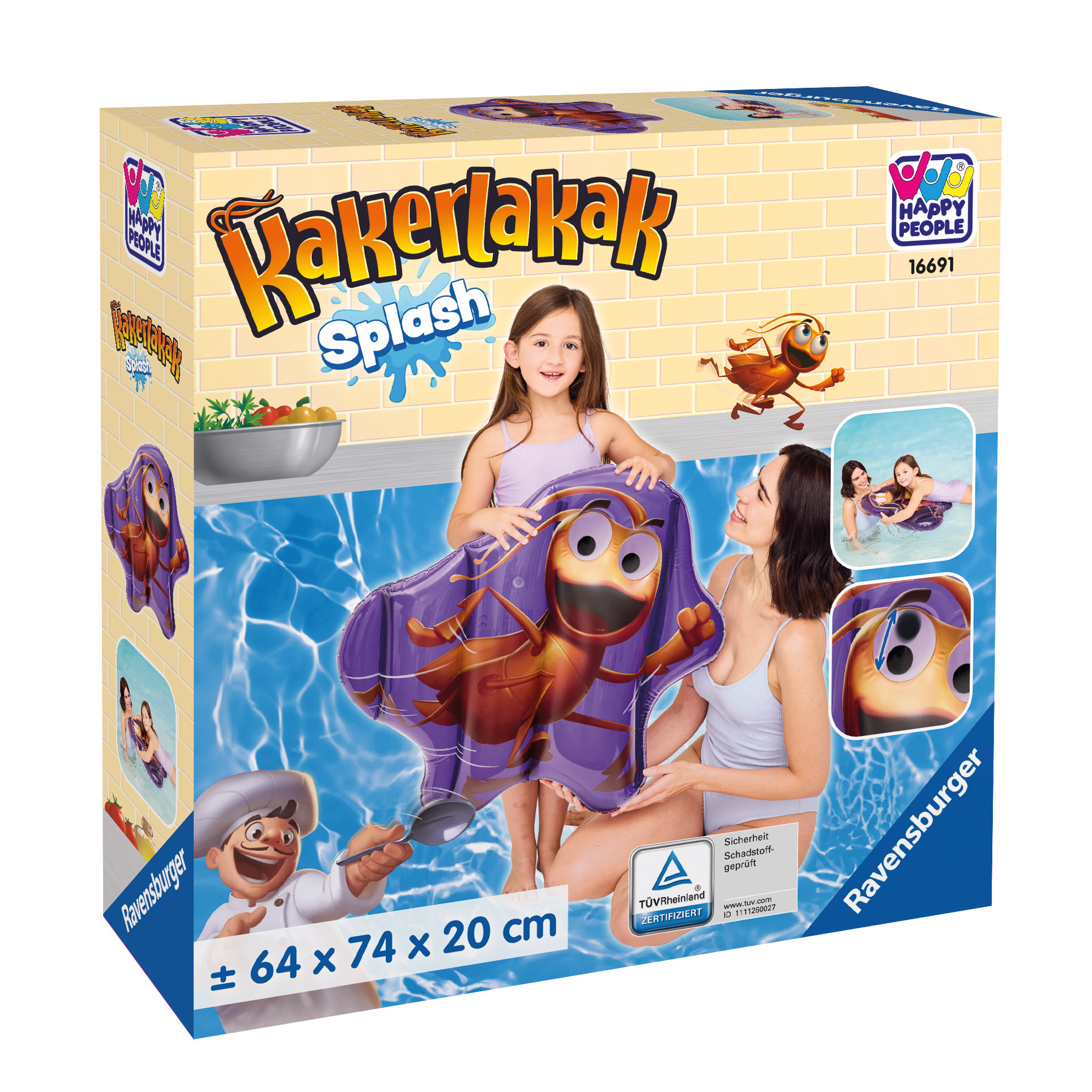 Box mit Cartoon-Illustrationen einer Poolszene und einer Zeichentrickfigur. Text: Kakerlakak Splash.