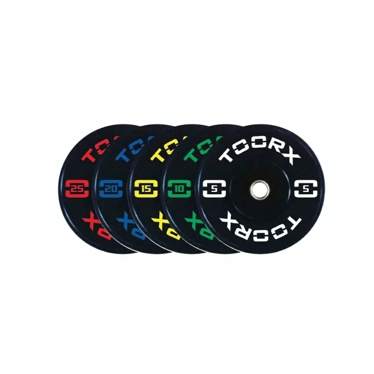 Gewichtsplatten mit farbigen Etiketten. Schwarze Platten mit weißer Schrift. Weißer Hintergrund.