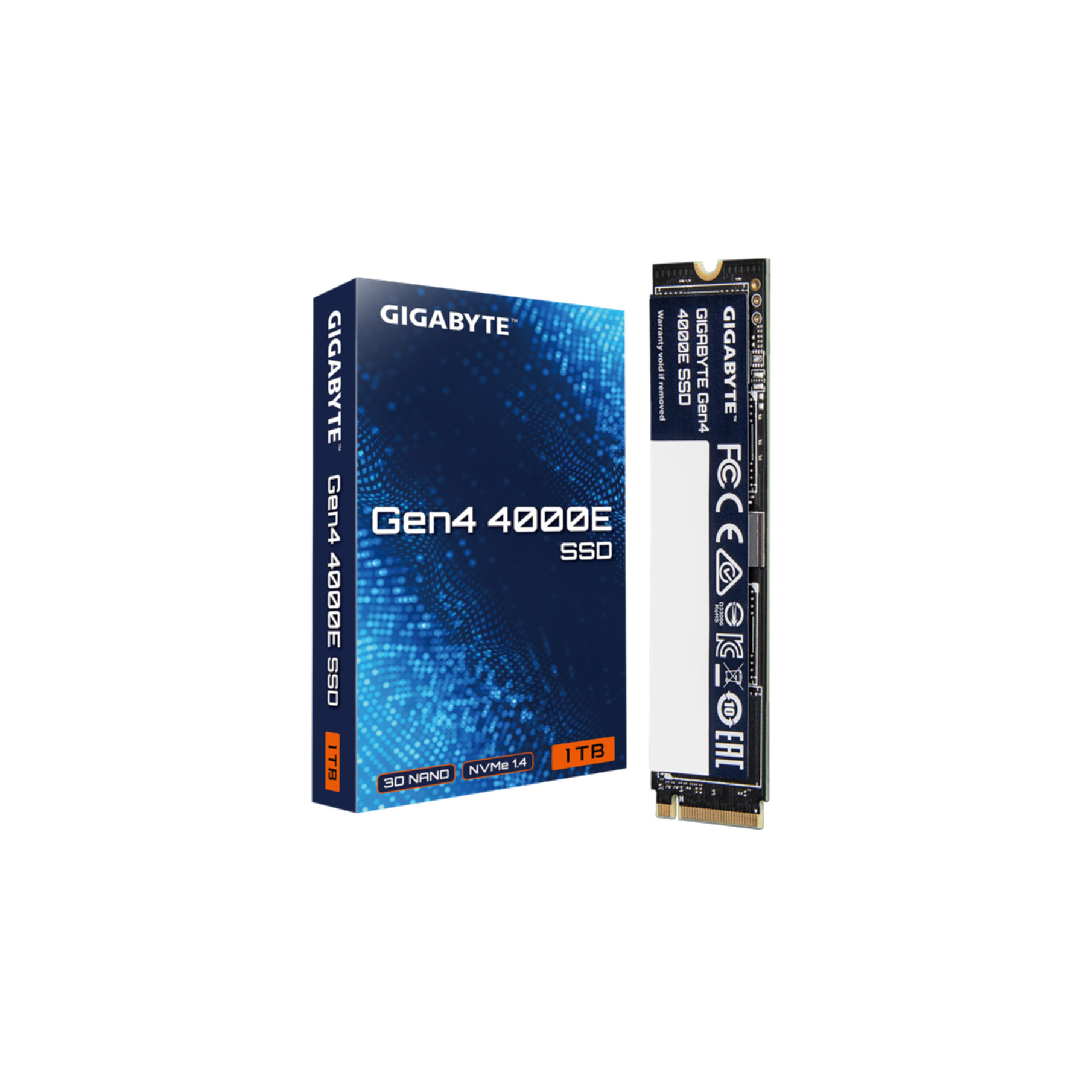Pudełko Gigabyte Gen4 4000E SSD i sam dysk SSD, na białym tle.