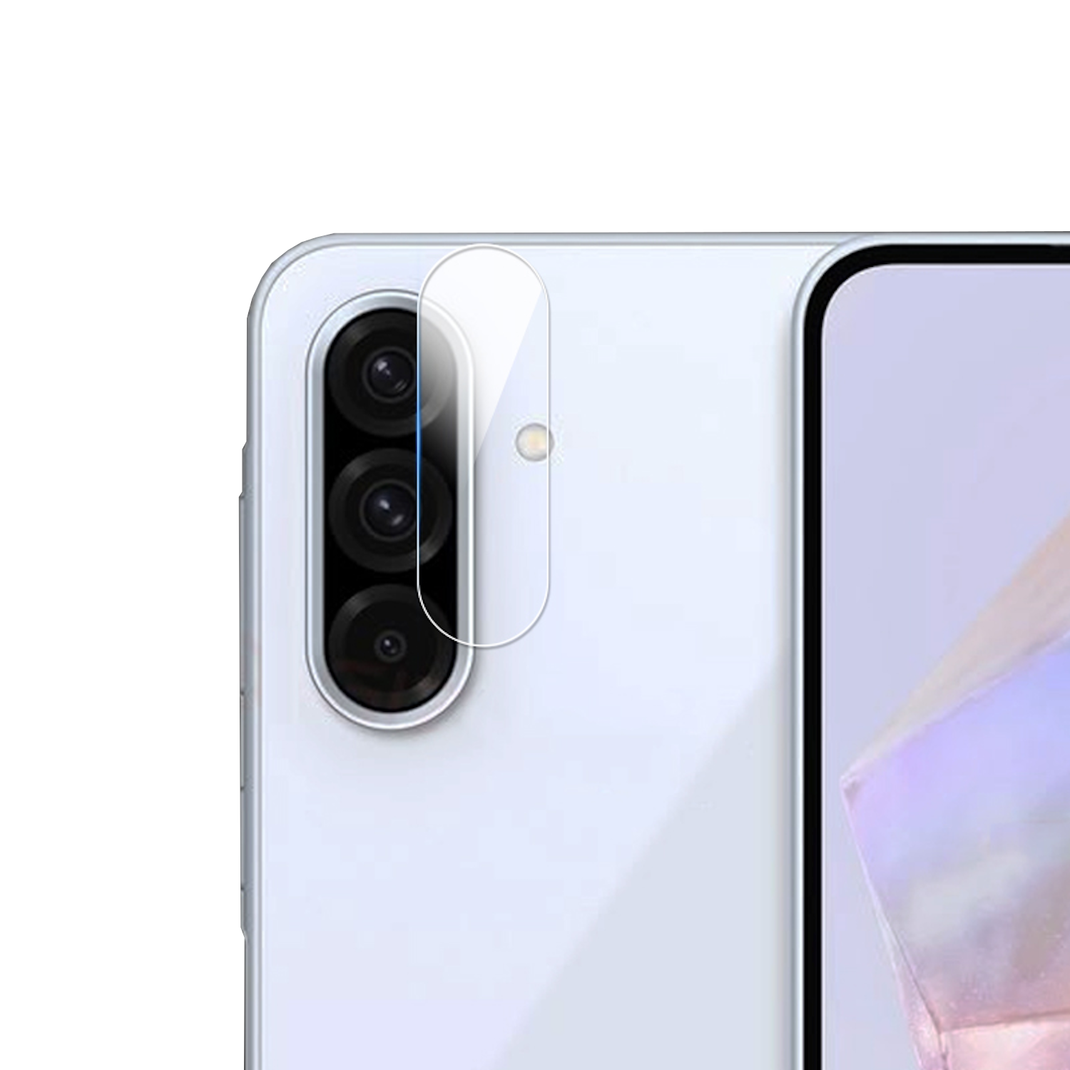 Ein Telefon mit angebrachtem Kameralinsenschutz. Das Telefon ist weiß.