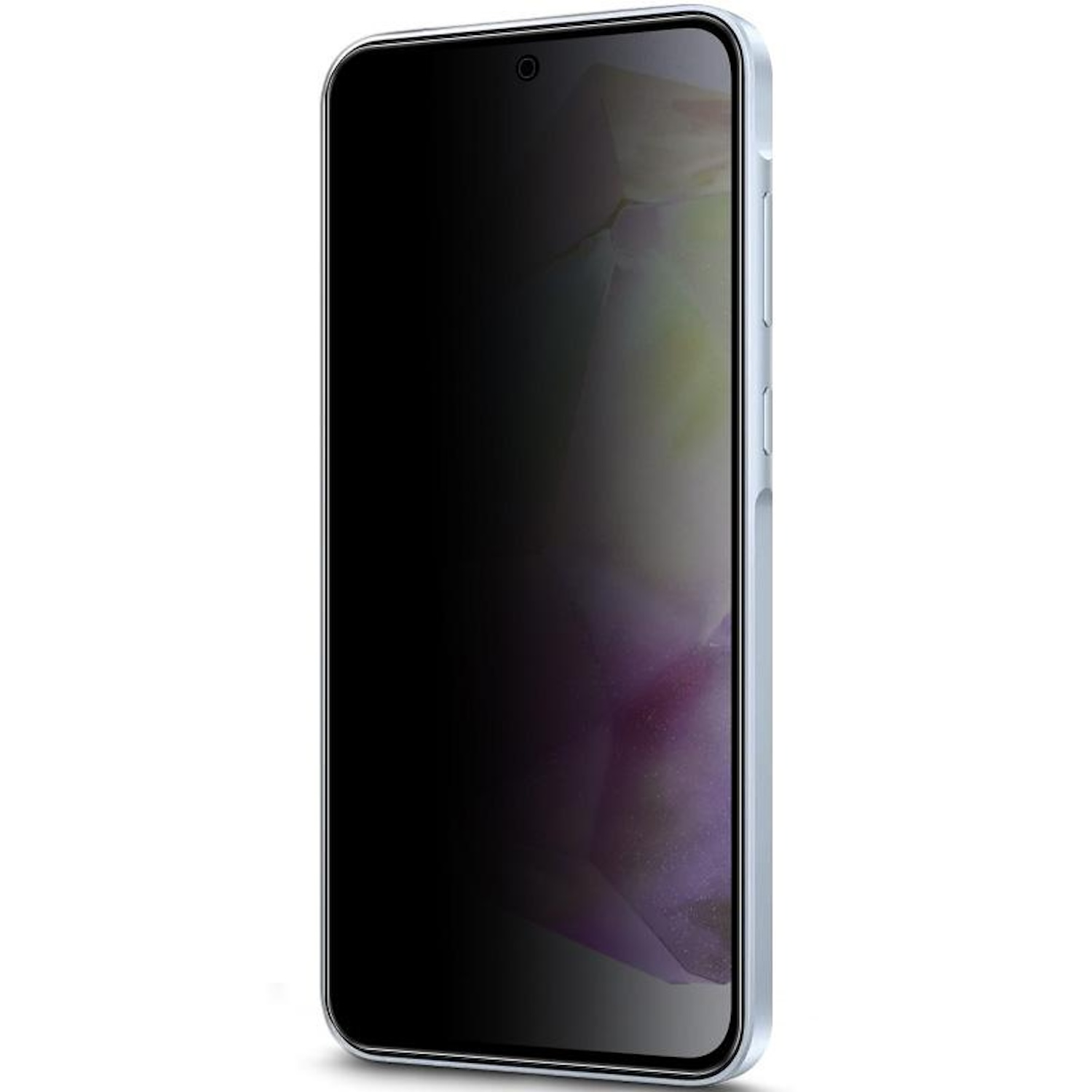 Ein Smartphone mit einem Displayschutz für den Datenschutz, der die Anzeige verdeckt. Das Telefon hat einen blauen Rahmen.