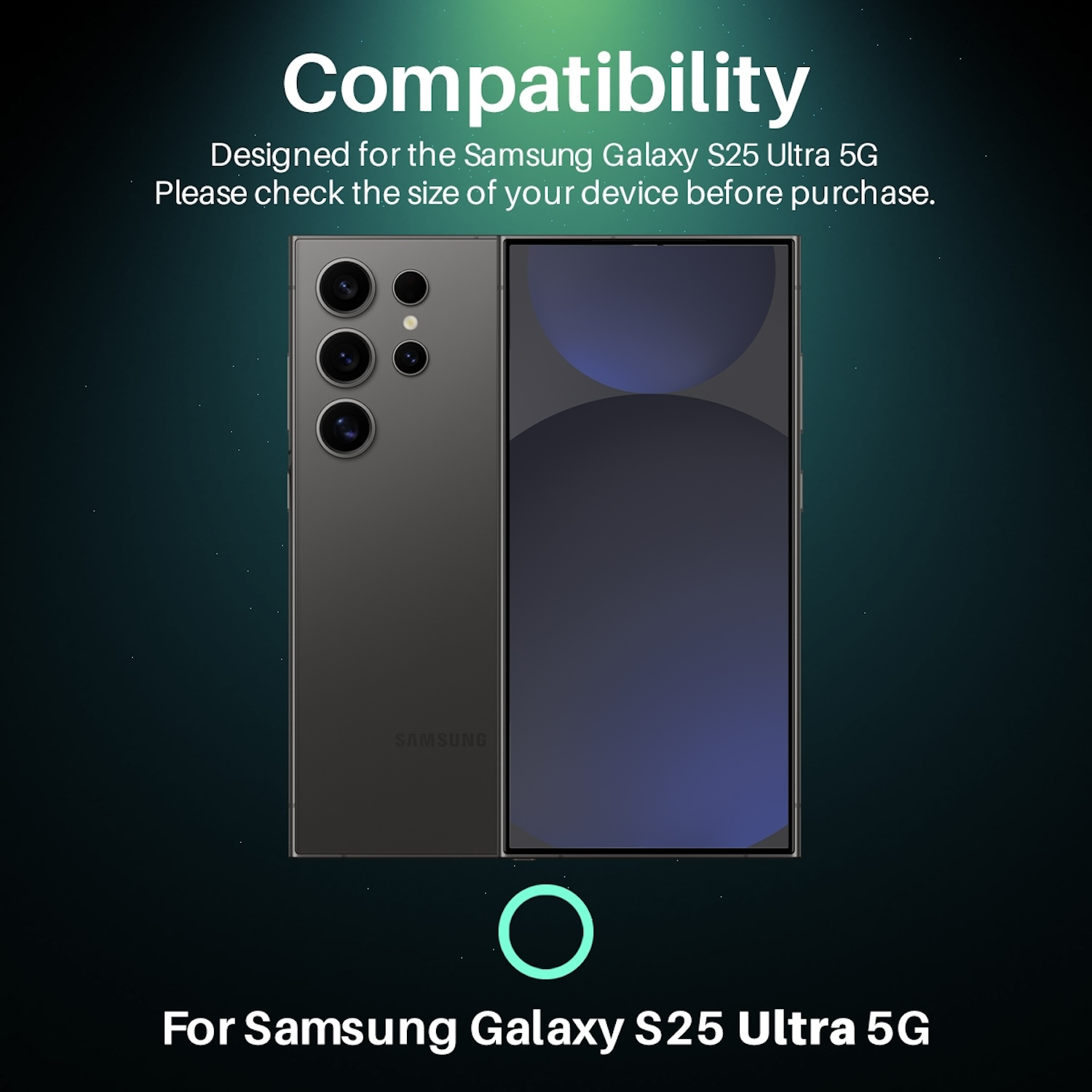 Un telefono grigio scuro Samsung Galaxy S25 Ultra 5G, anteriore e posteriore, con testo sulla compatibilità.