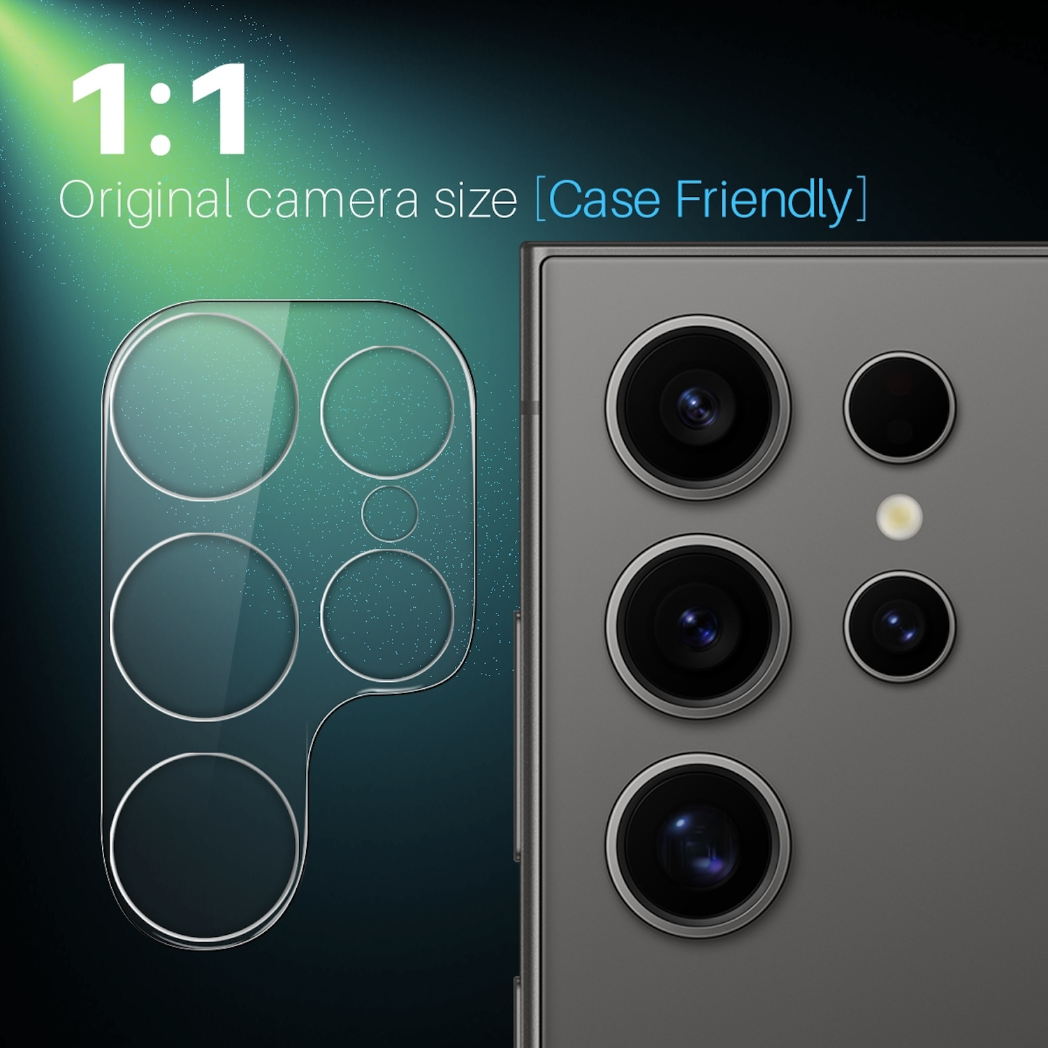 Obiettivi della fotocamera del telefono coperti da un protettore. Accanto c'è il telefono con gli obiettivi della fotocamera. Testo: 1:1.