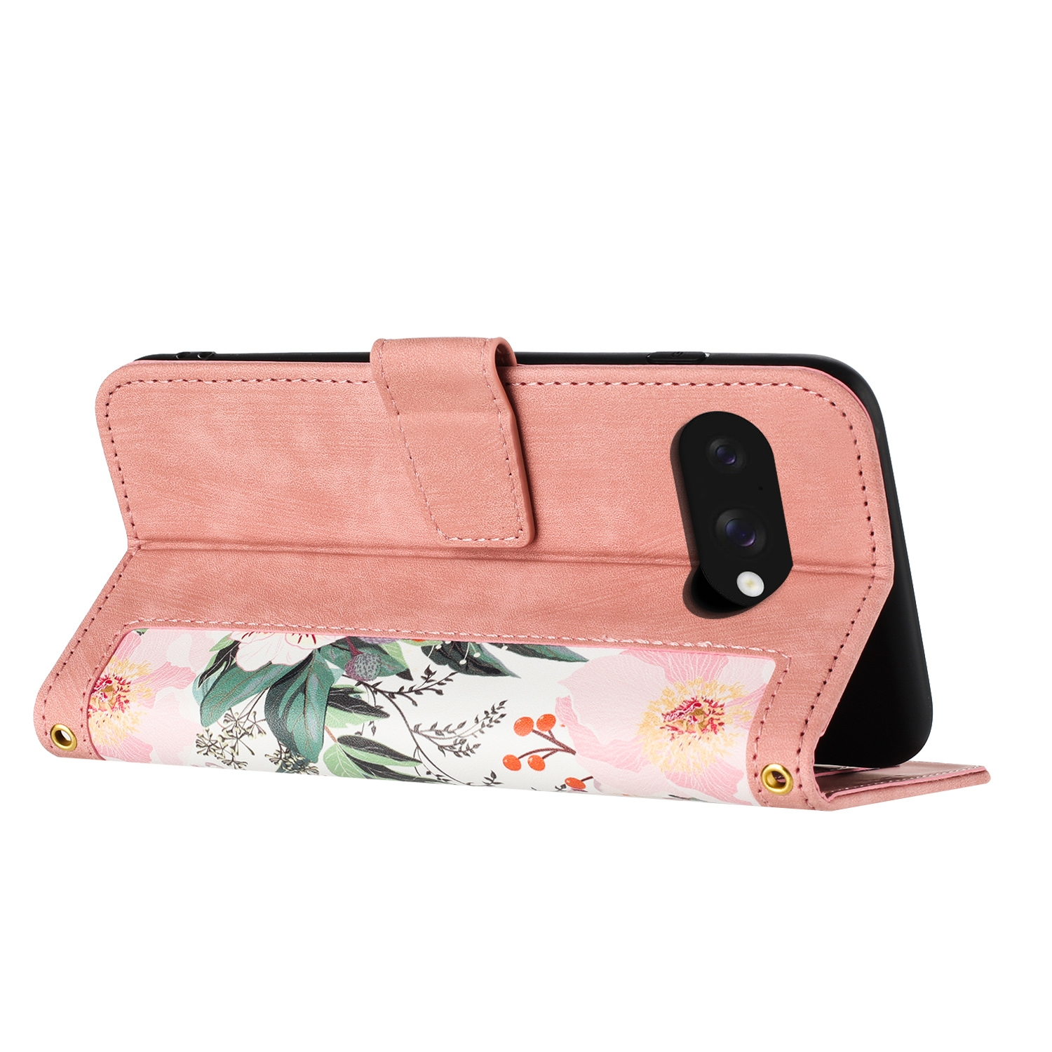 Ein offenes rosafarbenes Handy-Flipcase mit Blumenmuster und Kamerasteg.