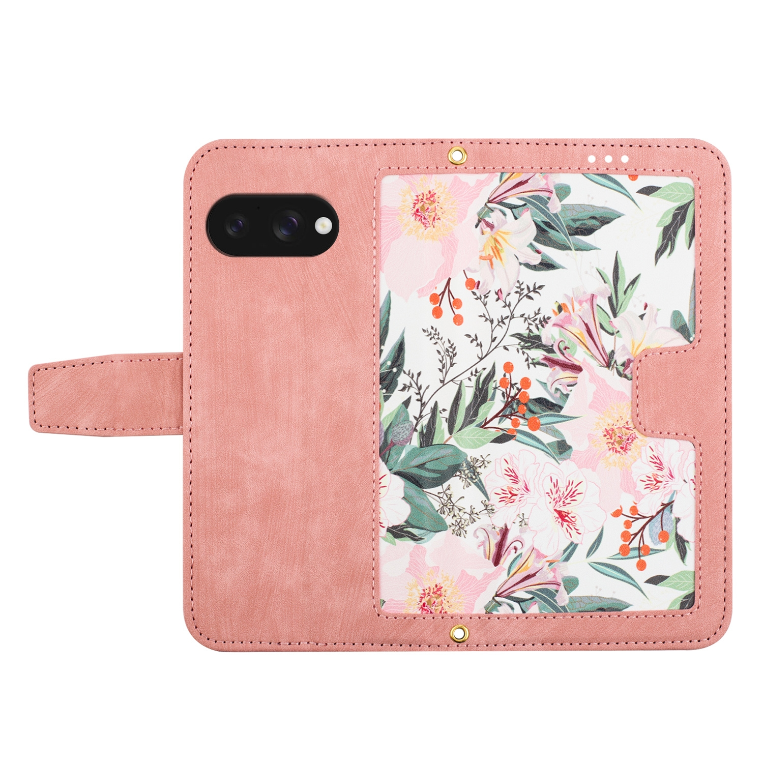 Ein rosafarbener Handyhülle mit Blumenmuster und Kameraloch.
