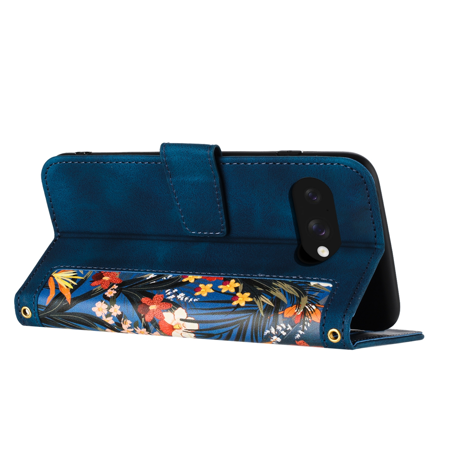 Eine blaue Handyhülle mit Blumenmuster ist geöffnet und zeigt das Handy darin.