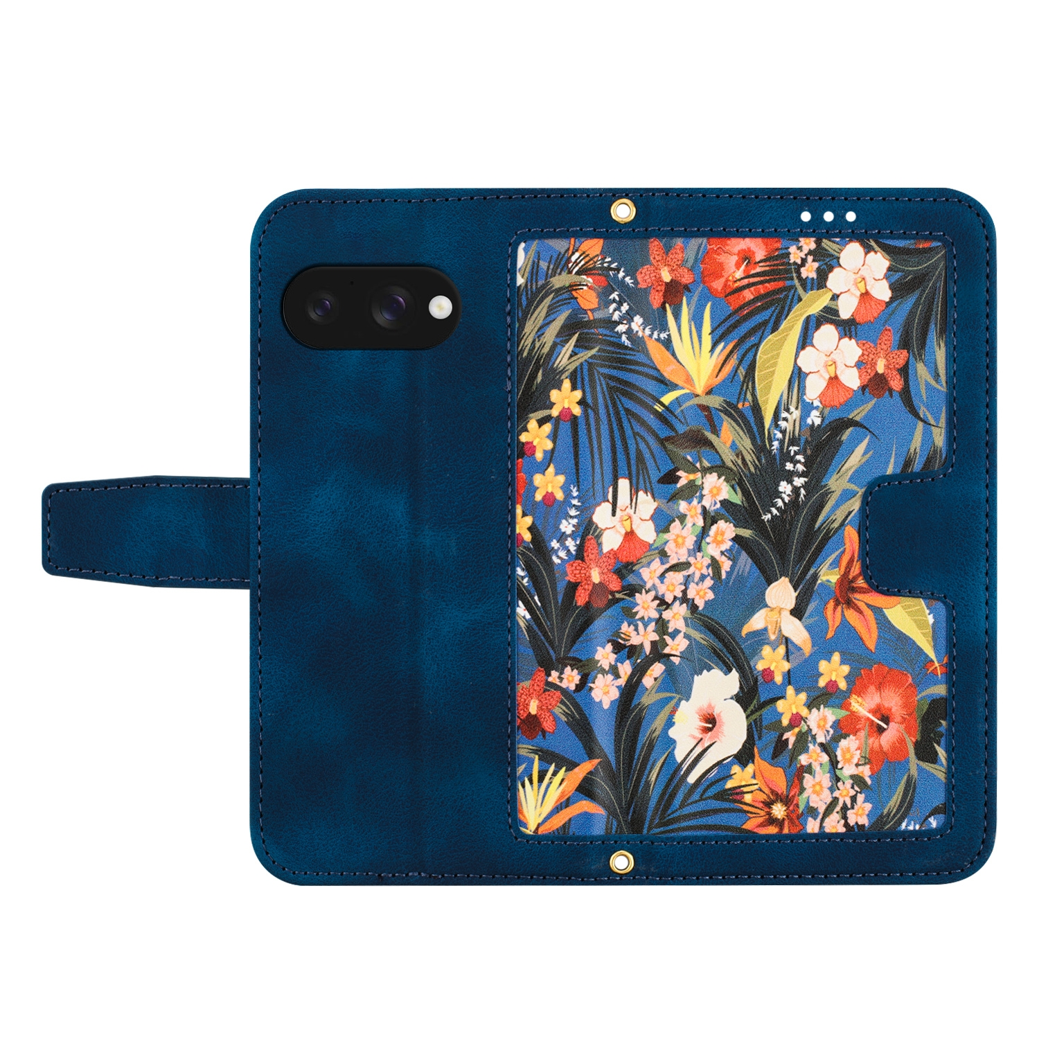 Dunkelblaue Handyhülle mit tropischem Blumenmuster. Enthält Kameraaussparung.