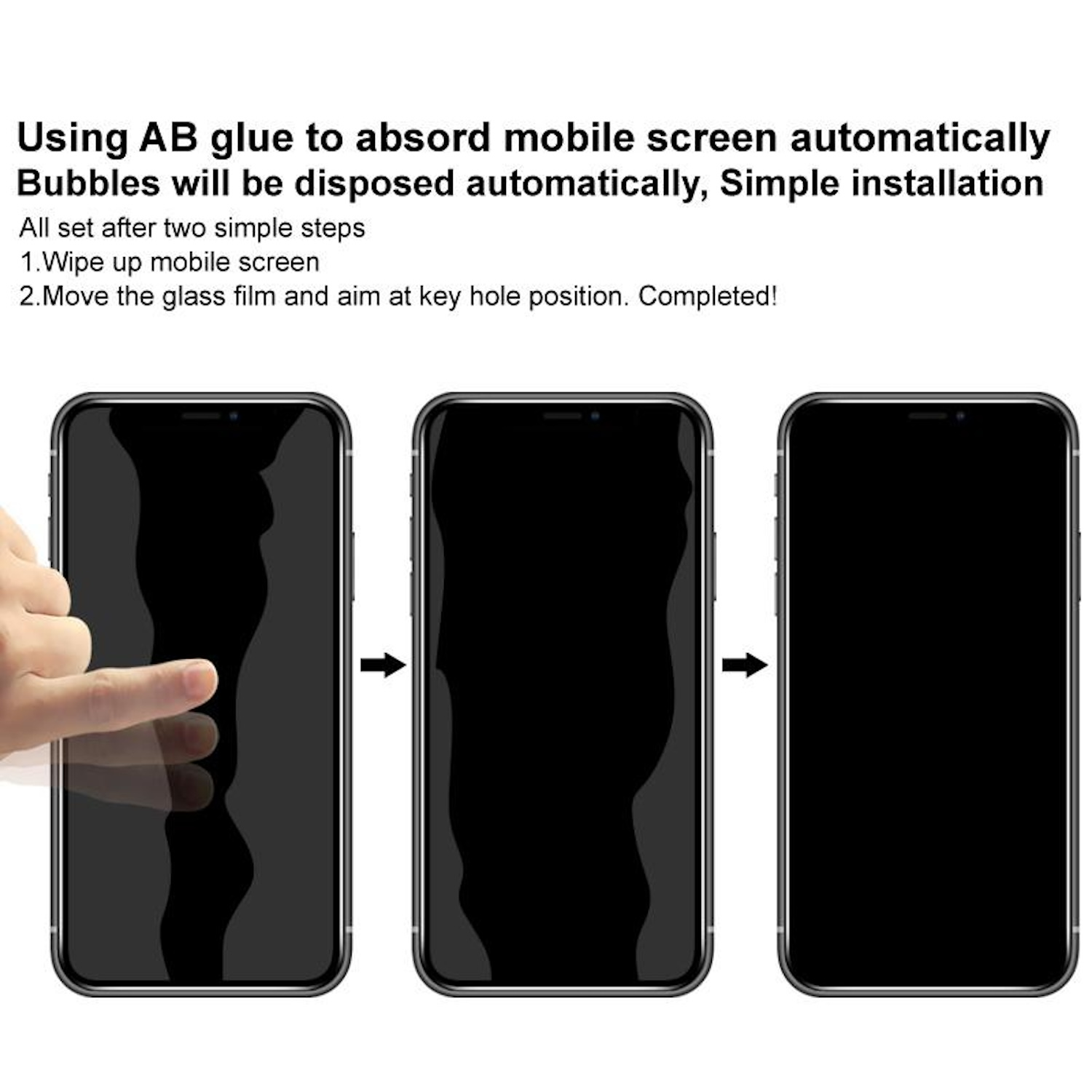 Drei Phasen des Anbringens einer Displayschutzfolie auf einem Telefon. Schritte werden gezeigt.