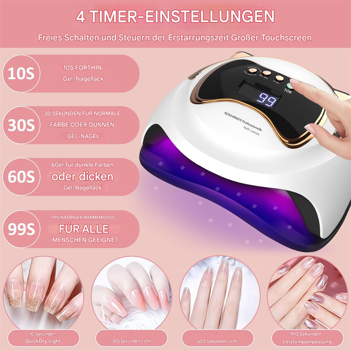 Ein weißer Nageltrockner mit digitalem Timer und Handbildern mit Nagellacken.