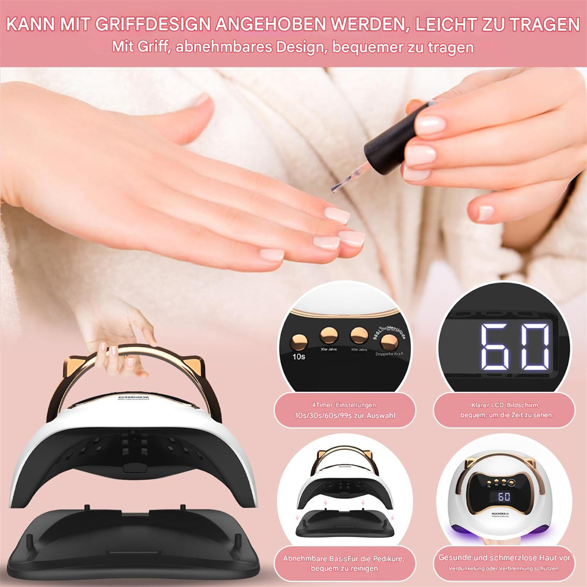 Frauenhand lackiert Nägel mit Nagellampe, Nagelwerkzeugen und digitaler Anzeige.