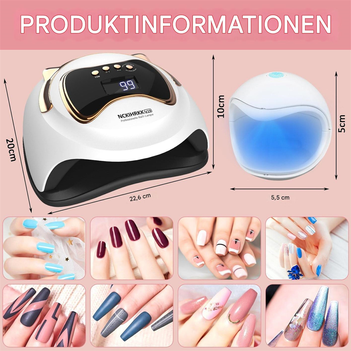 Eine weiß-schwarze Nagellampe mit Abmessungen und verschiedenen Nageldesign-Beispielen.