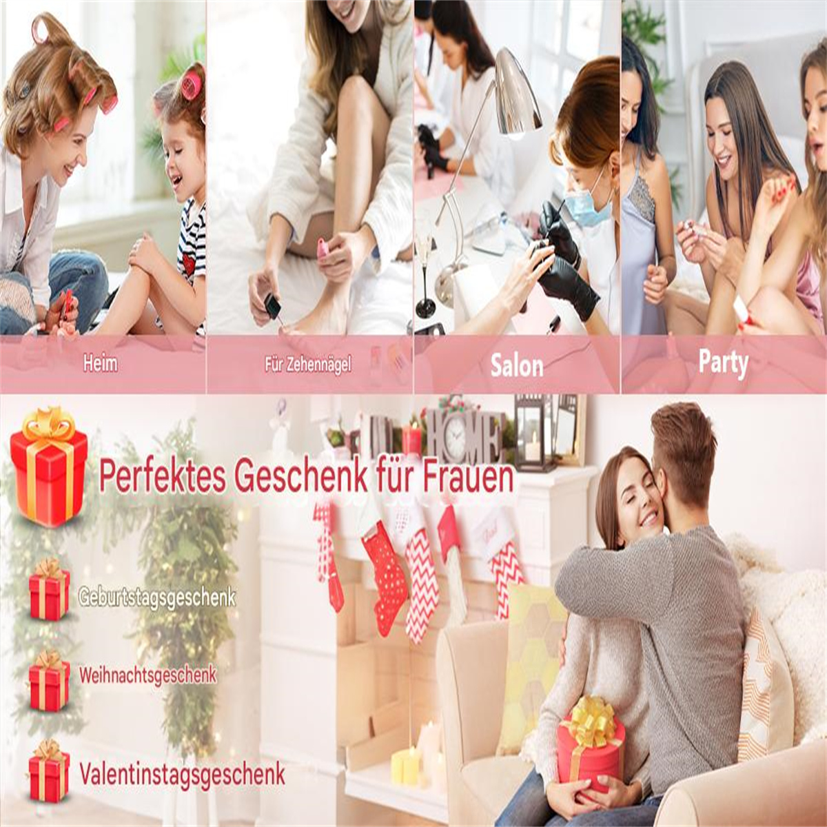 Collage mit Frauen in verschiedenen Umgebungen. Beinhaltet eine Frau, die Nagellack aufträgt, und ein Paar, das sich umarmt.