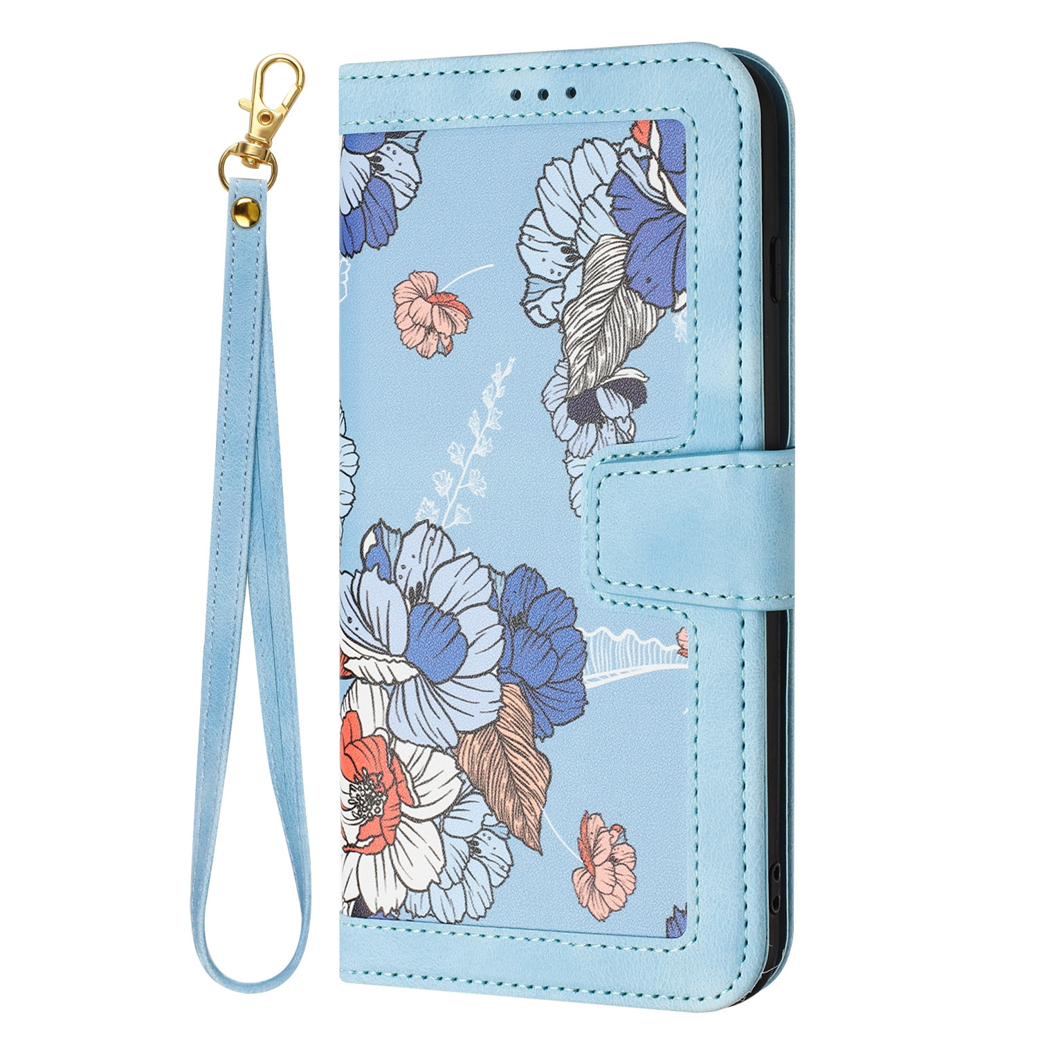 Hellblaue Handyhülle mit Blumenmuster und abnehmbarem Armband.