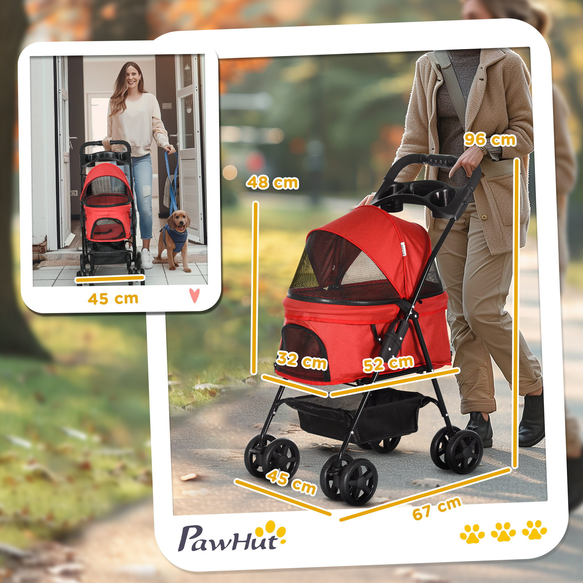 Una persona empuja un cochecito rojo para mascotas con un perro. Se muestran las dimensiones, con las medidas del cochecito.