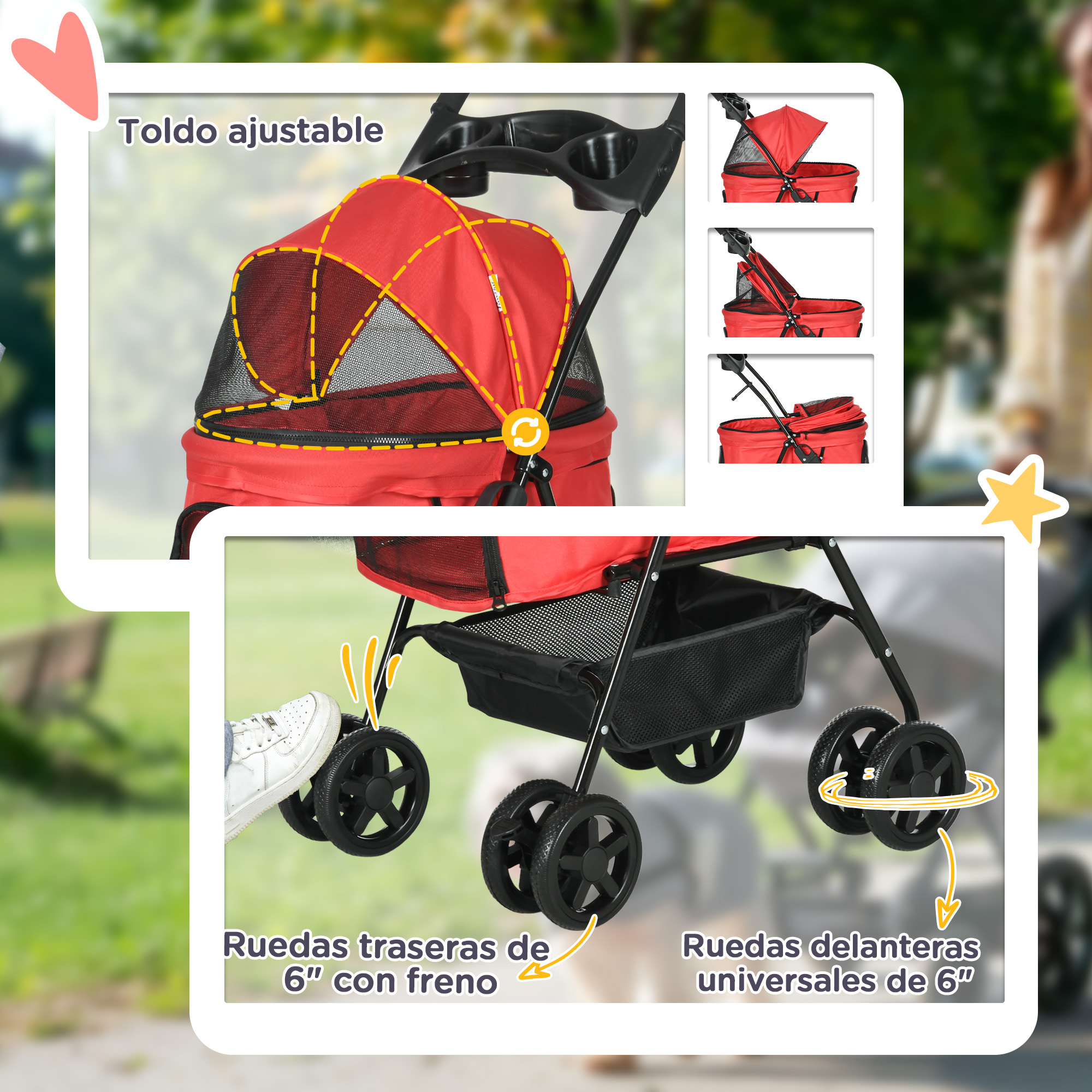 Cochecito para mascotas con parasol ajustable, ruedas traseras y delanteras, y cesta de almacenamiento.