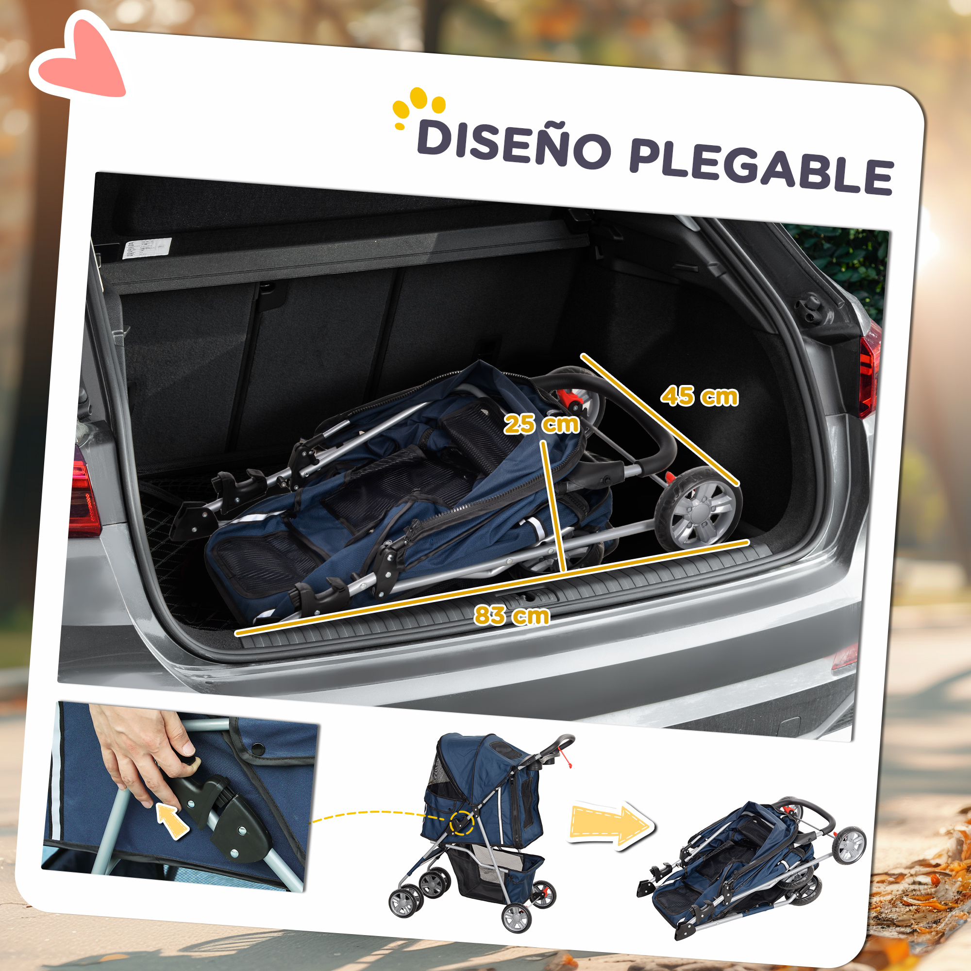 Un cochecito plegable para mascotas en un maletero, mostrando dimensiones. También imágenes del cochecito plegado y desplegado.