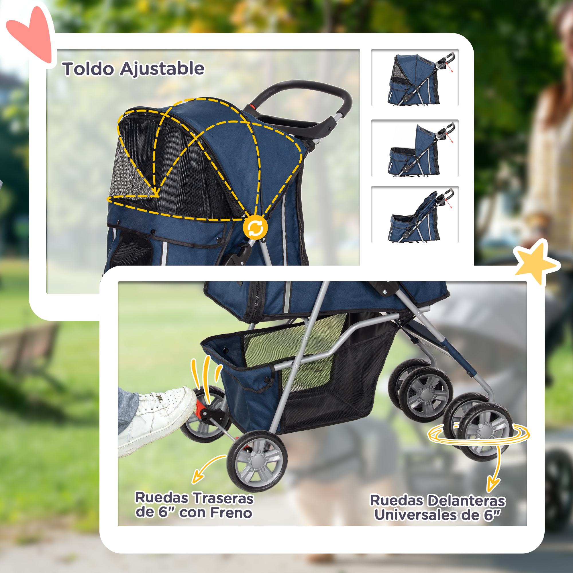 Cochecito azul marino para mascotas con capota ajustable. Incluye ruedas y cesta de almacenamiento.