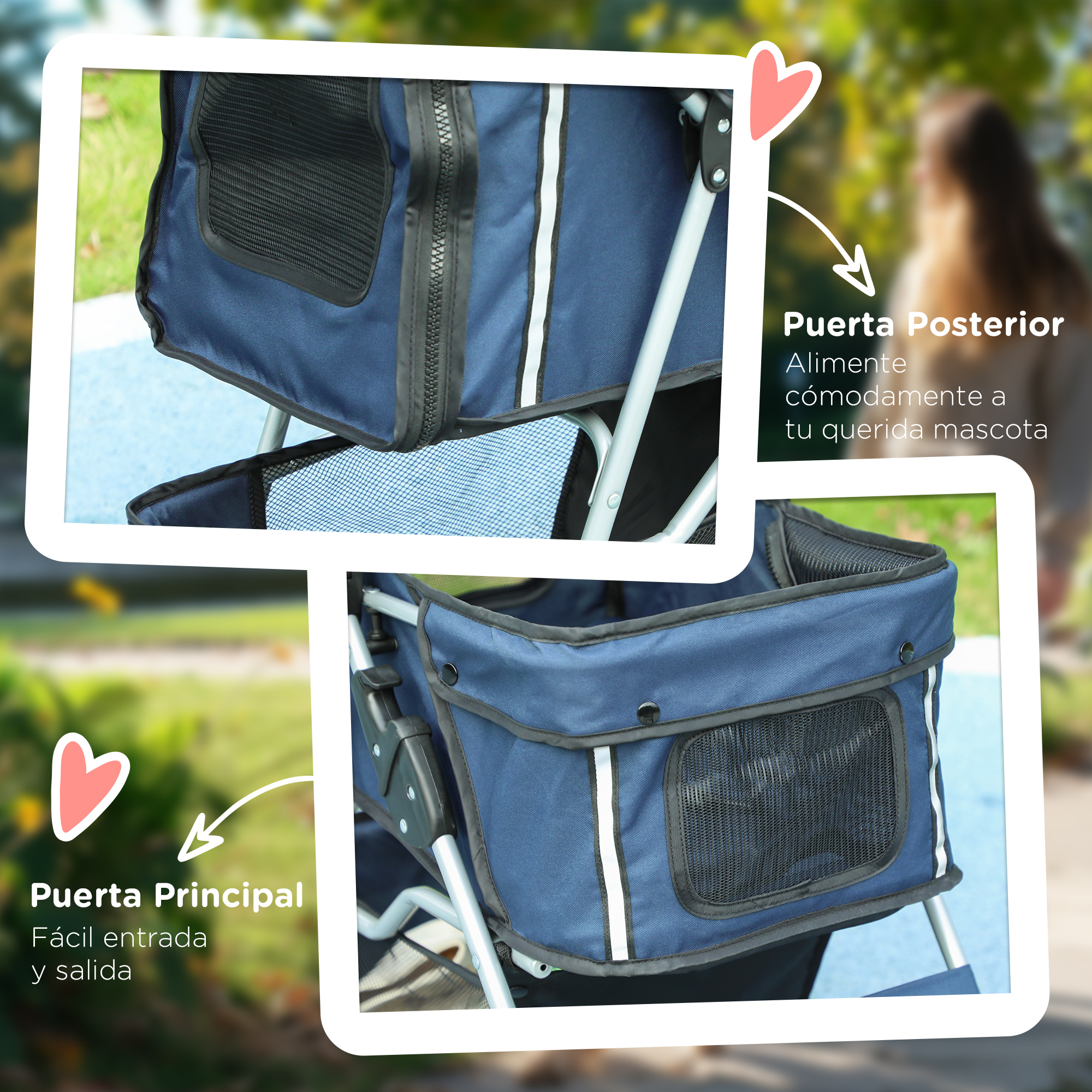 Un cochecito azul para mascotas con dos compartimentos. Texto indica la ubicación de puertas delantera y trasera.