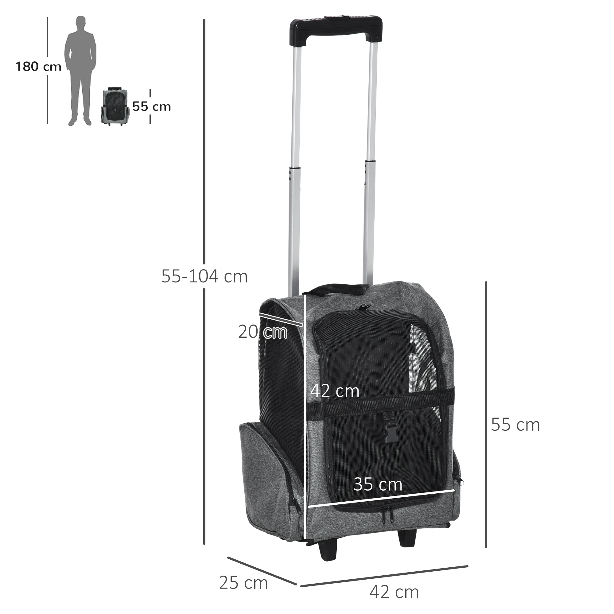 Transportín para mascotas con dimensiones. Transportín gris, frontal de malla negra y ruedas. Incluye un icono de persona.