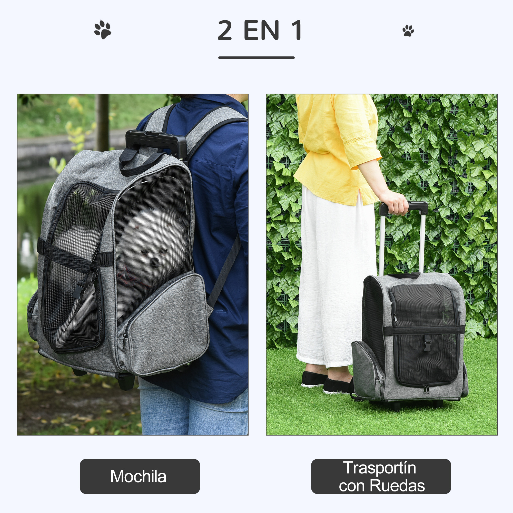 Un transportín gris para mascotas que se puede usar como mochila o como transportín con ruedas. Dos imágenes.