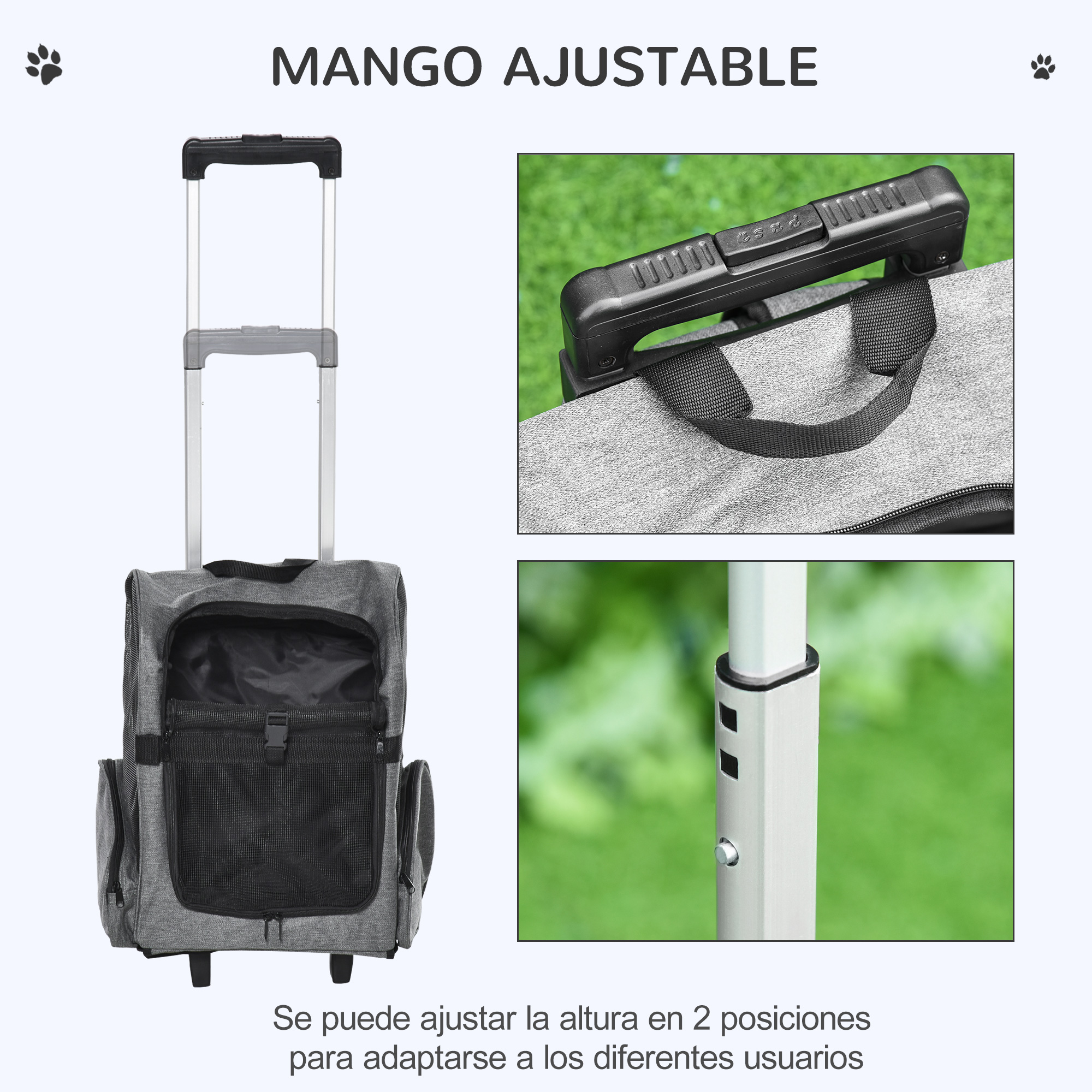 Un transportín gris para mascotas con asa y ruedas. El asa es ajustable en dos posiciones.