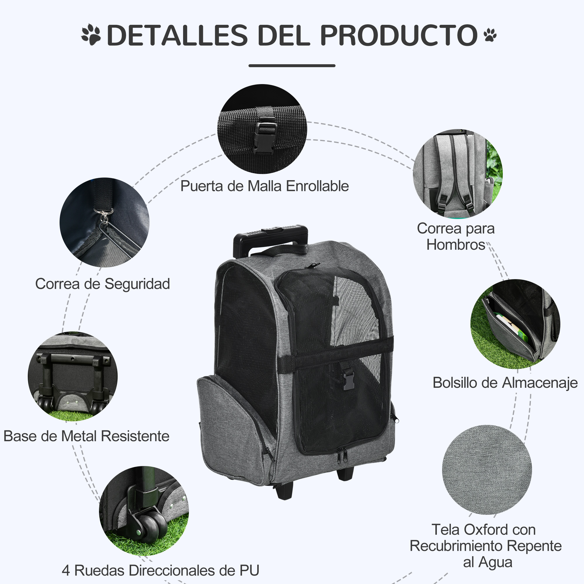 Detalles del transportín: puerta de malla enrollable, correa para el hombro, correa de seguridad, asa y ruedas.