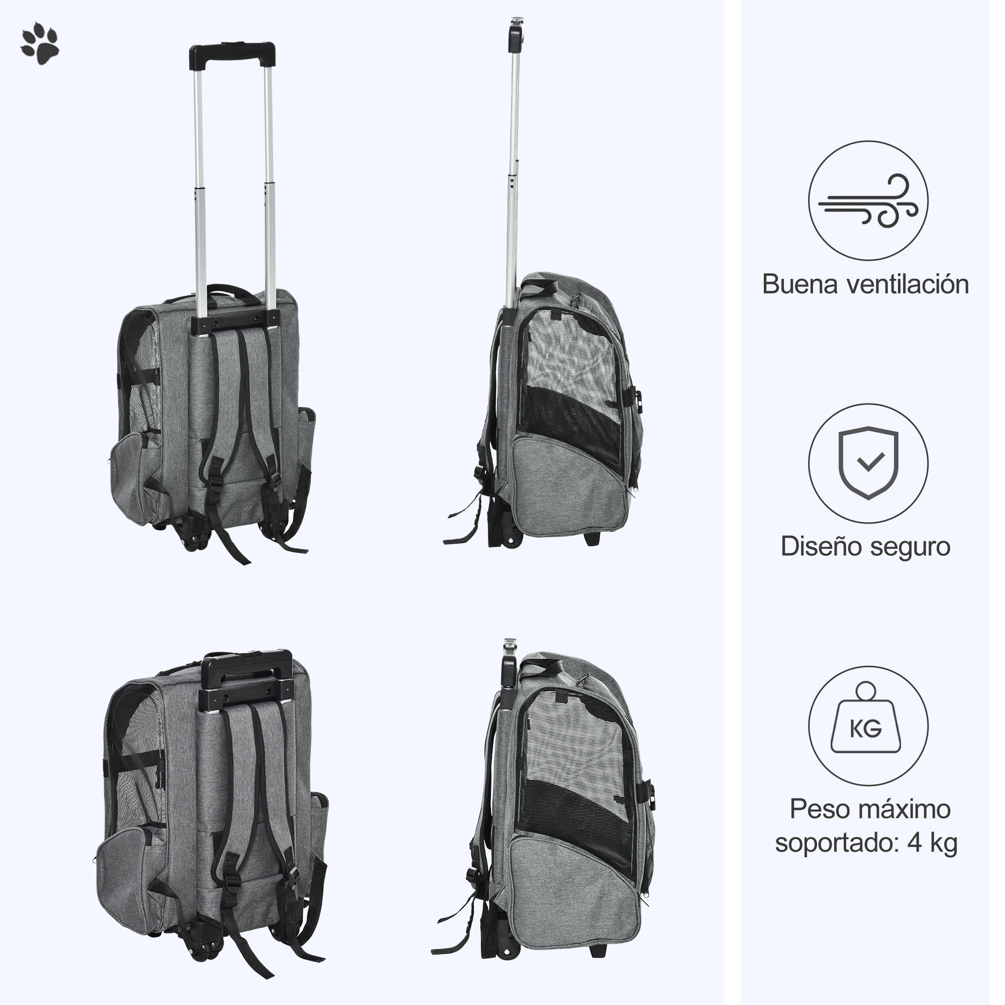 Transportín gris para mascotas con ruedas y asa retráctil. Características: buena ventilación, diseño seguro y peso máx.