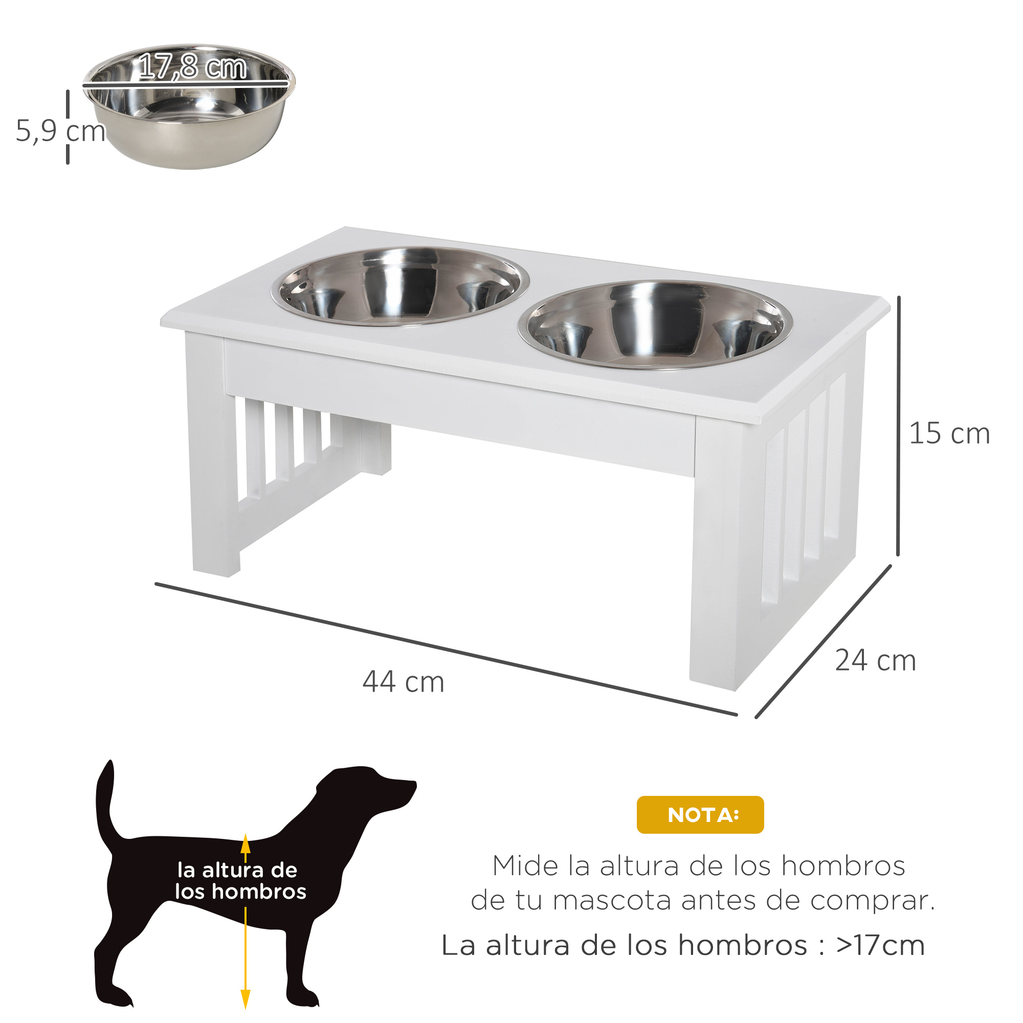 Soporte blanco para cuencos de perro con dos cuencos de acero inoxidable. Se proporcionan dimensiones y se muestra una silueta de perro.