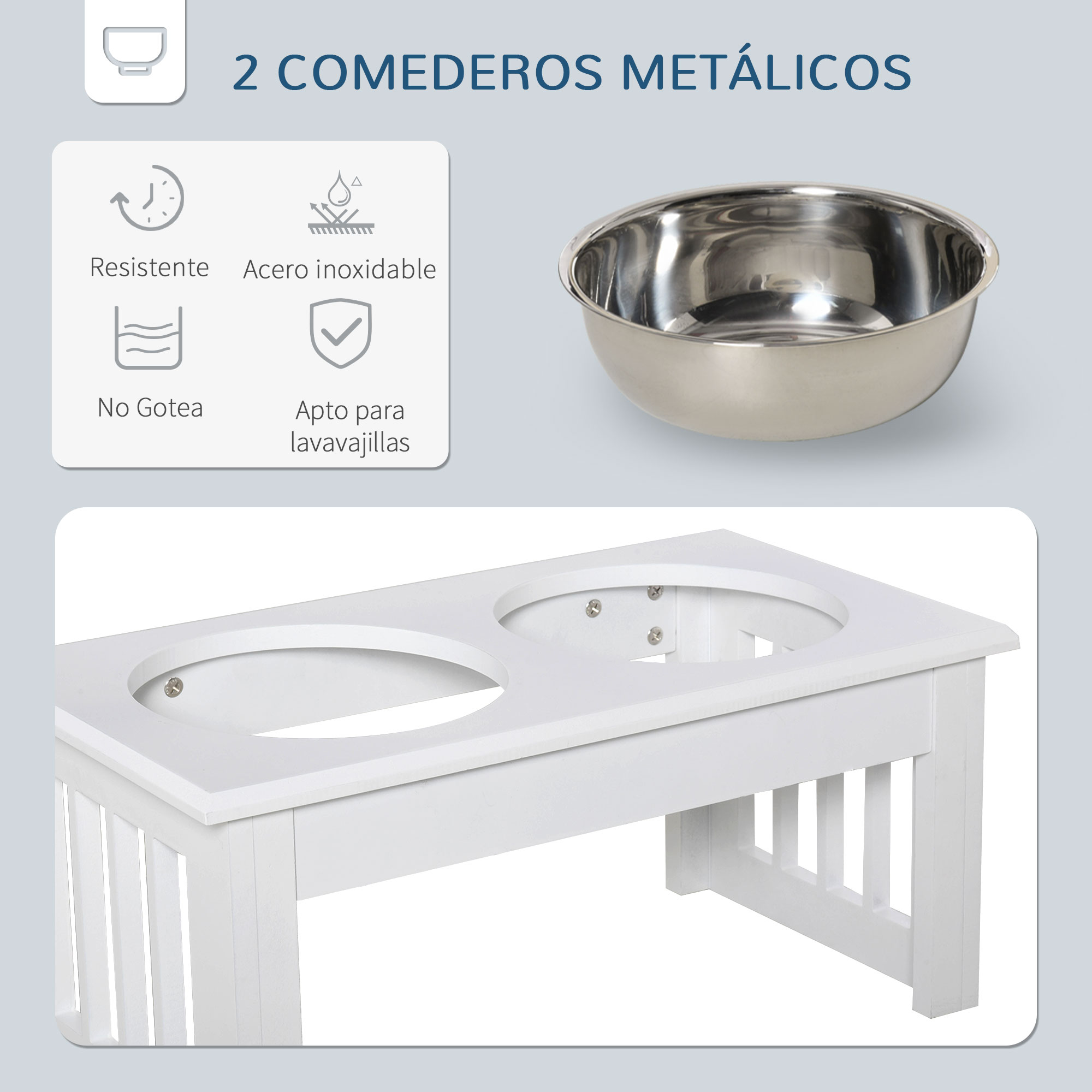 Soporte de cuenco para perros de madera blanca con dos cuencos de acero inoxidable. Características incluyen resistencia a la oxidación y apto para lavavajillas.