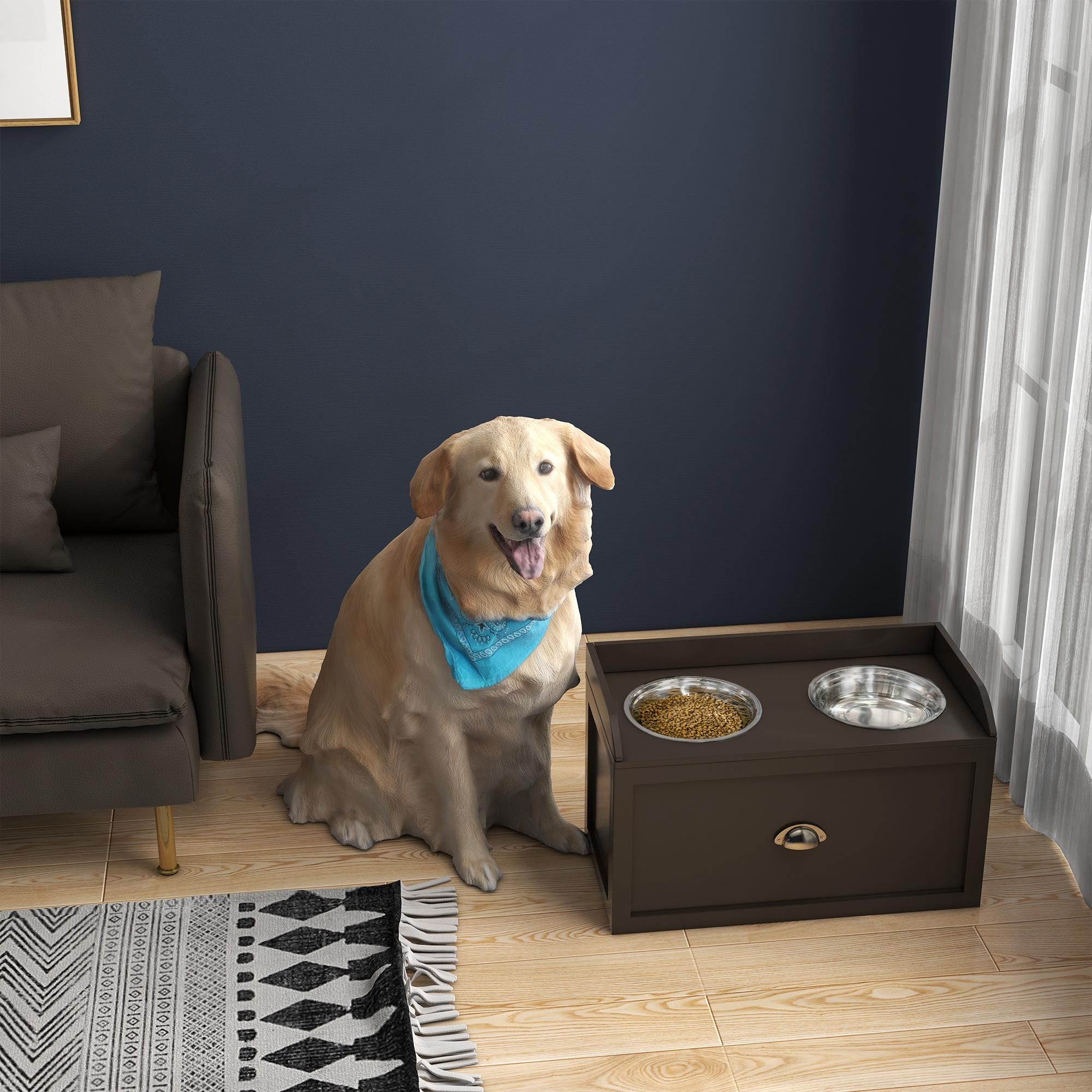 Un perro se sienta en una habitación con un comedero para perros. Una pared azul oscuro está en el fondo.