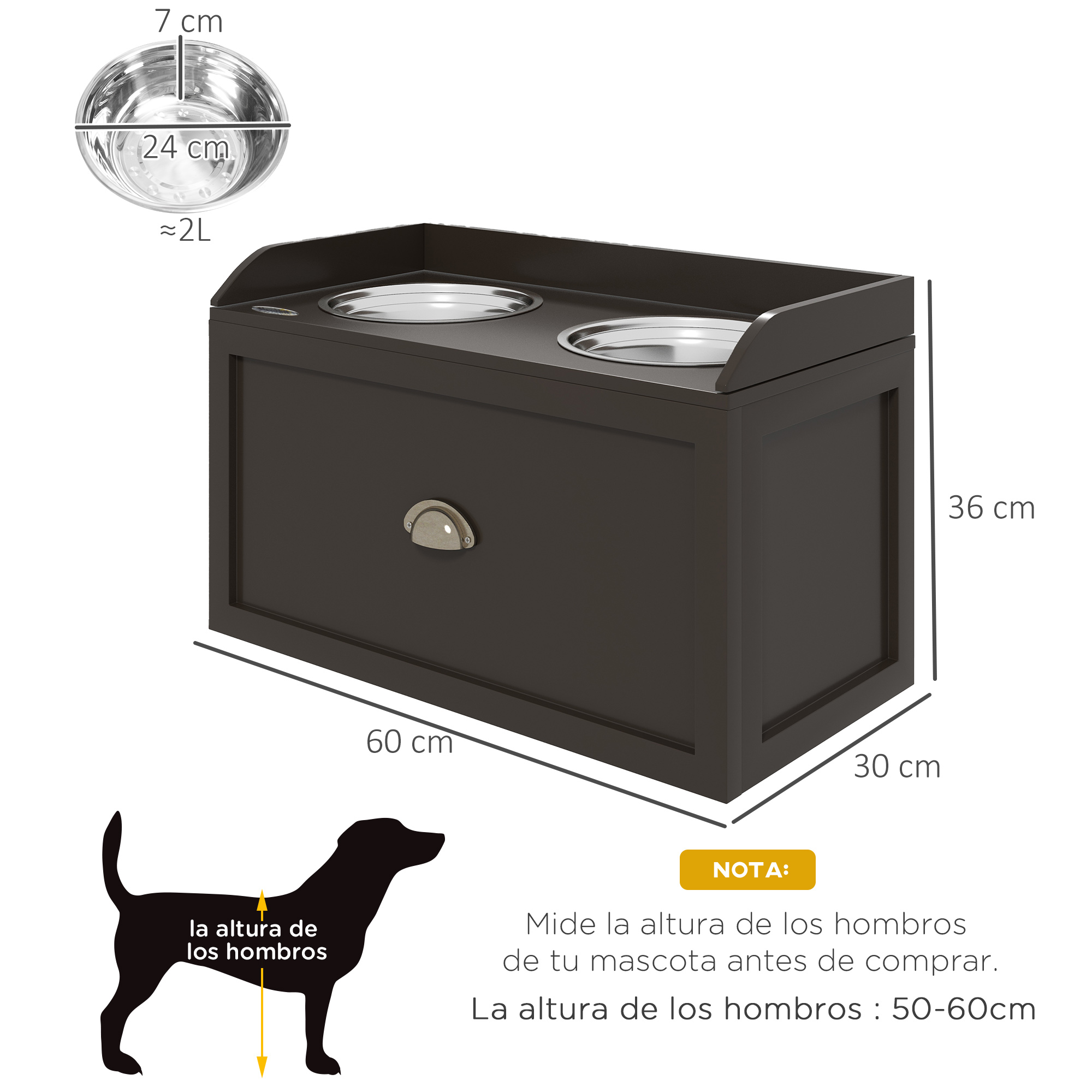 Un soporte de cuenco para perros de madera con dos cuencos de acero inoxidable. Dimensiones indicadas.