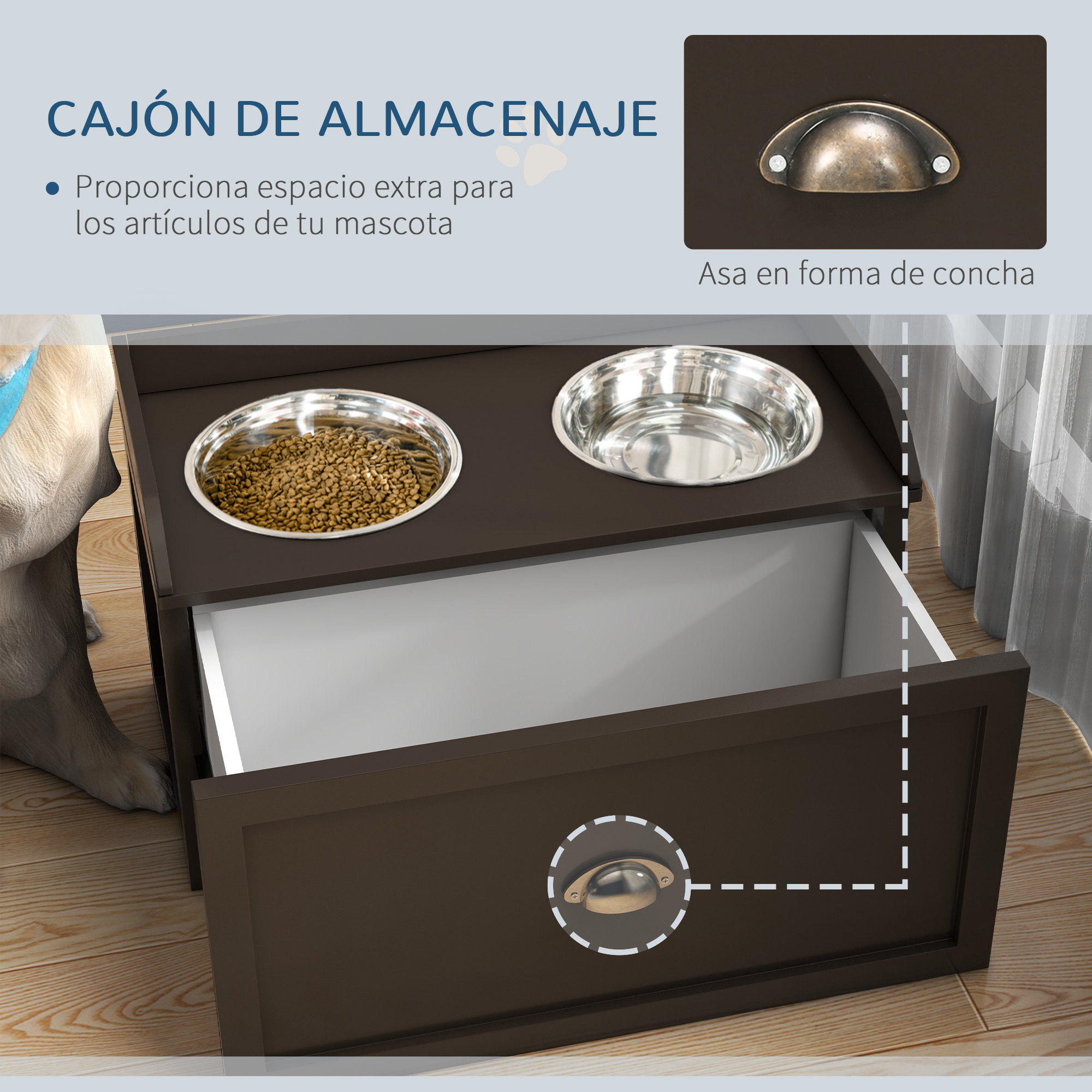 Un cajón de almacenamiento de comida para perros con dos cuencos, uno con comida y una asa.