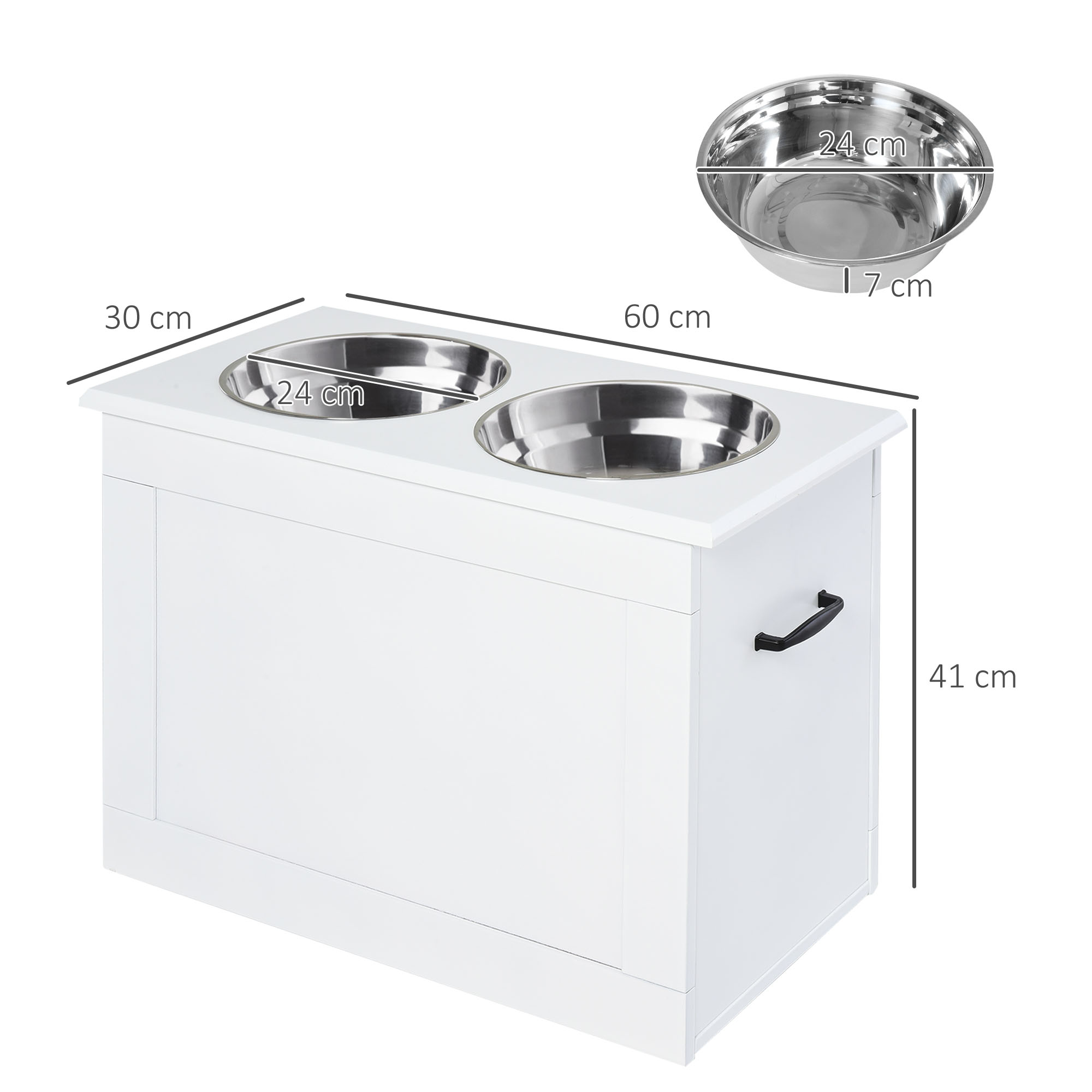 Armario blanco para comida de perro con dos cuencos de acero inoxidable, con dimensiones.