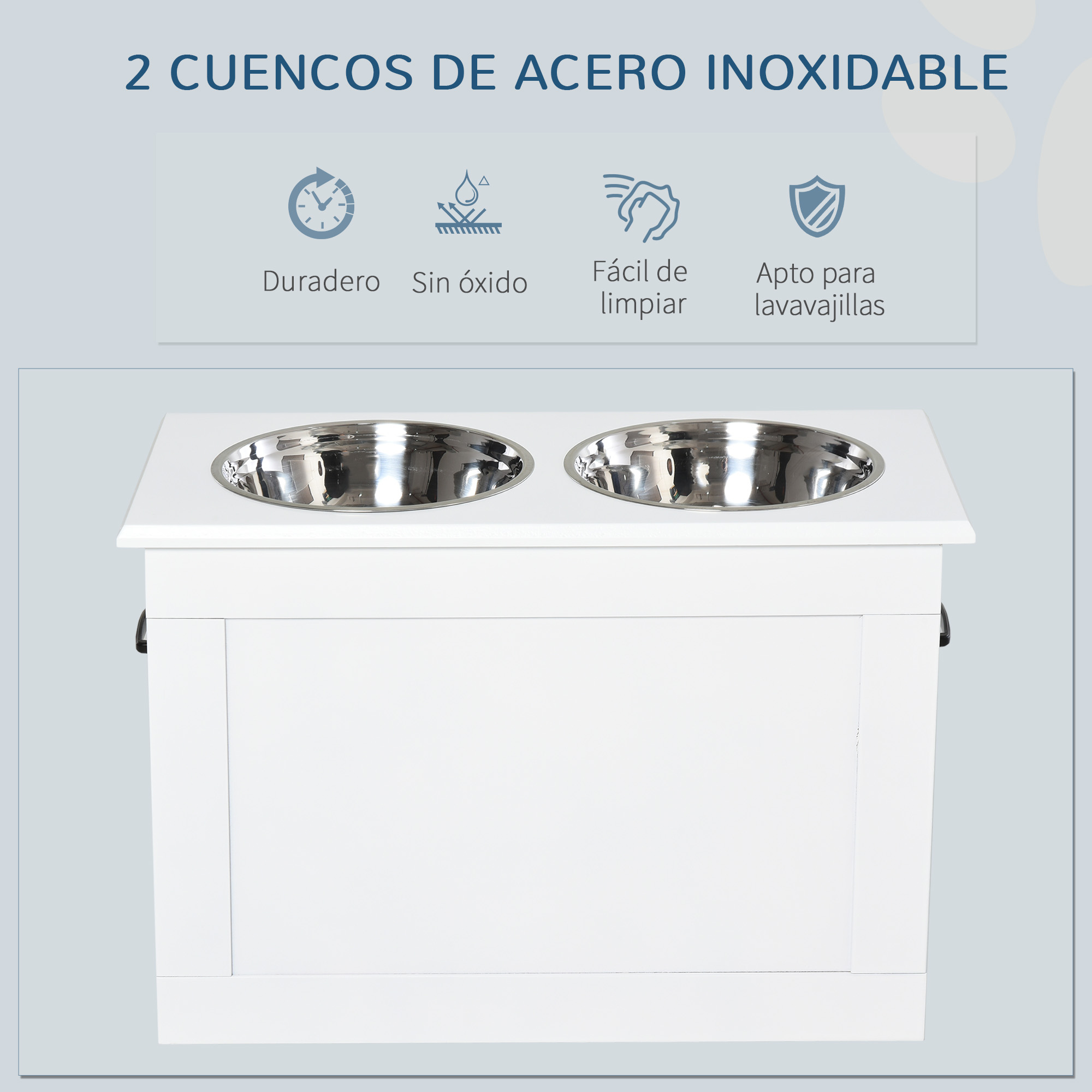 Un cuenco blanco para comida para mascotas con dos cuencos de acero inoxidable. El producto tiene características como durabilidad y fácil limpieza.