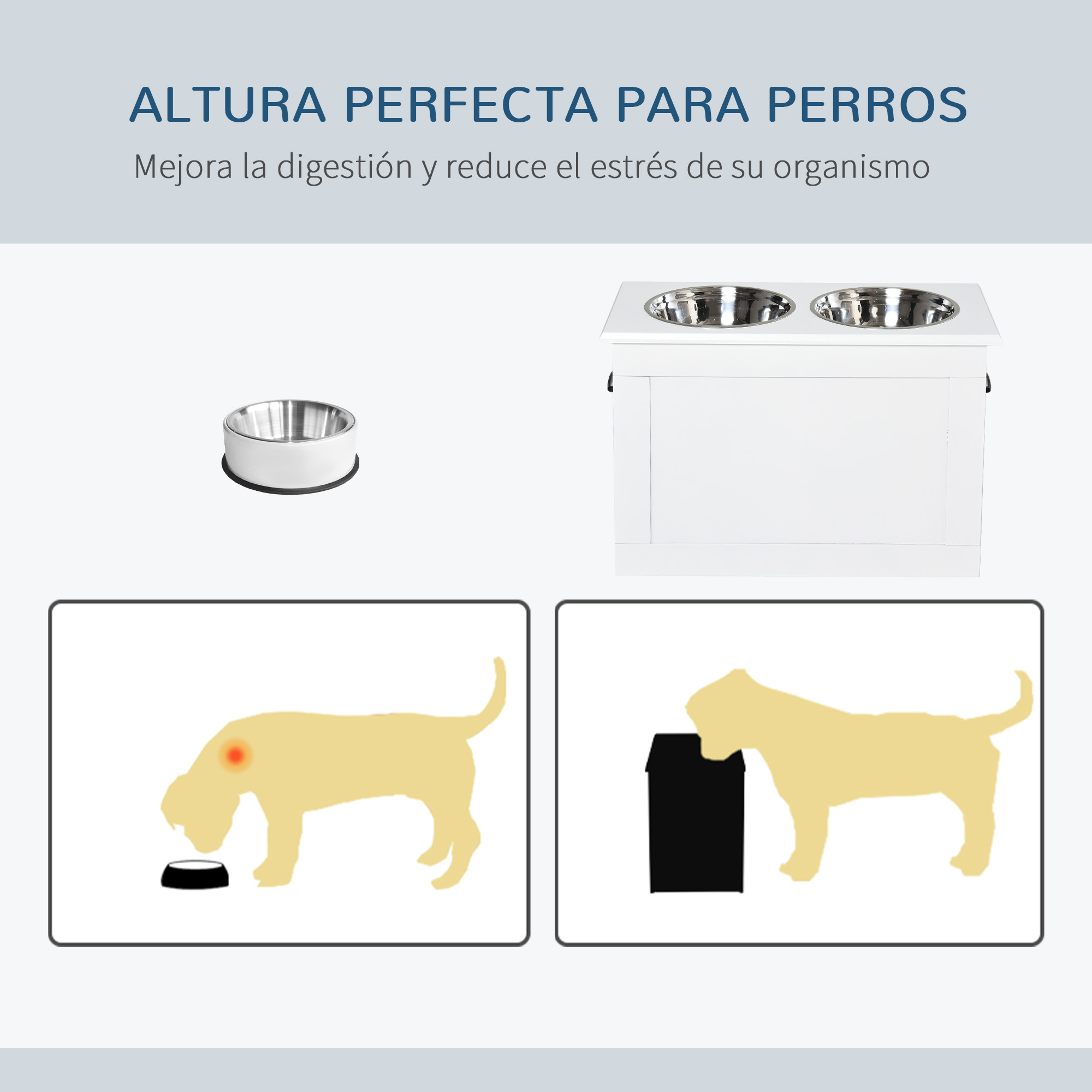 Soporte para cuenco de perro con dos cuencos plateados y diagramas que muestran postura ideal y pobre.