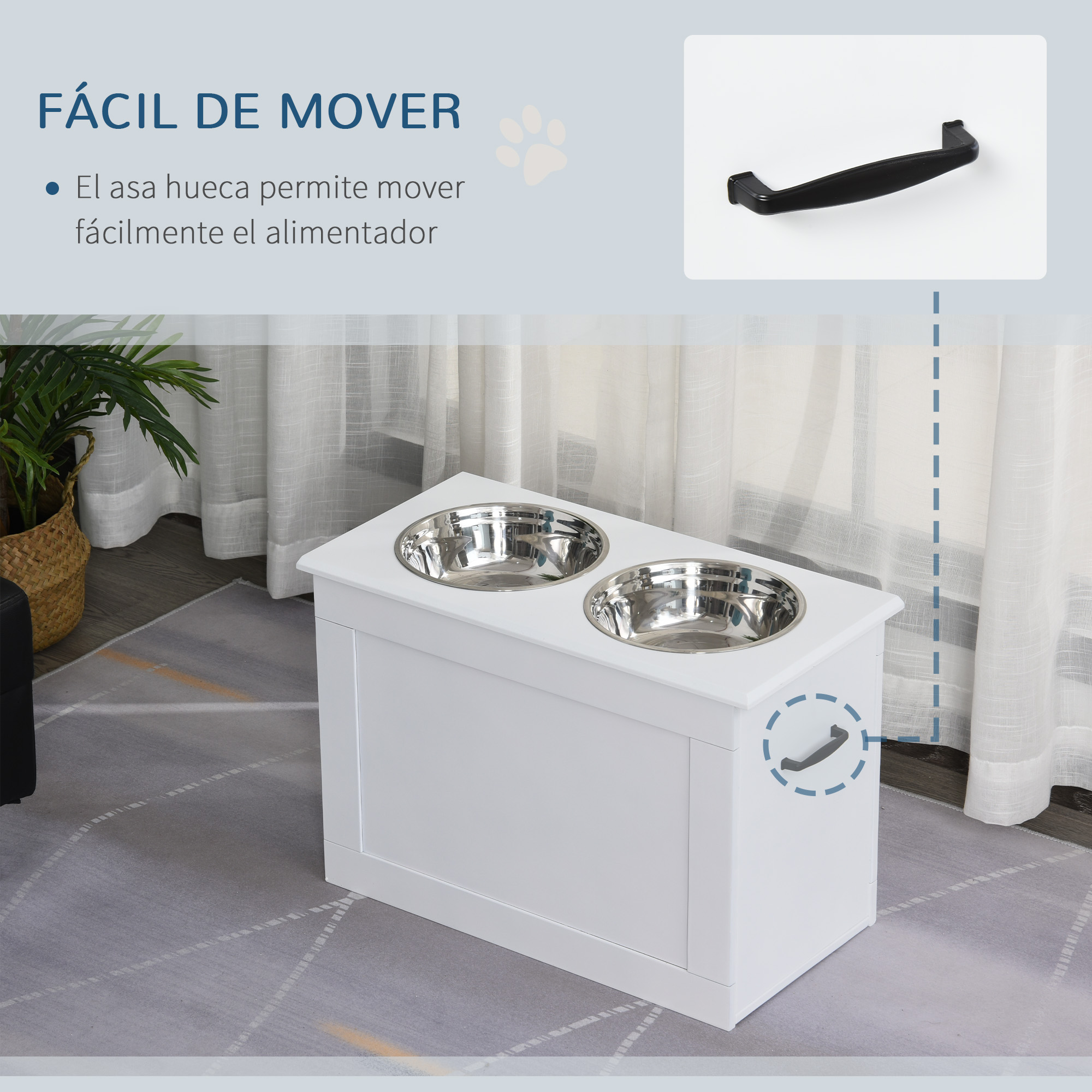 Soporte blanco para cuencos para perros con dos cuencos de acero inoxidable. Asa lateral.