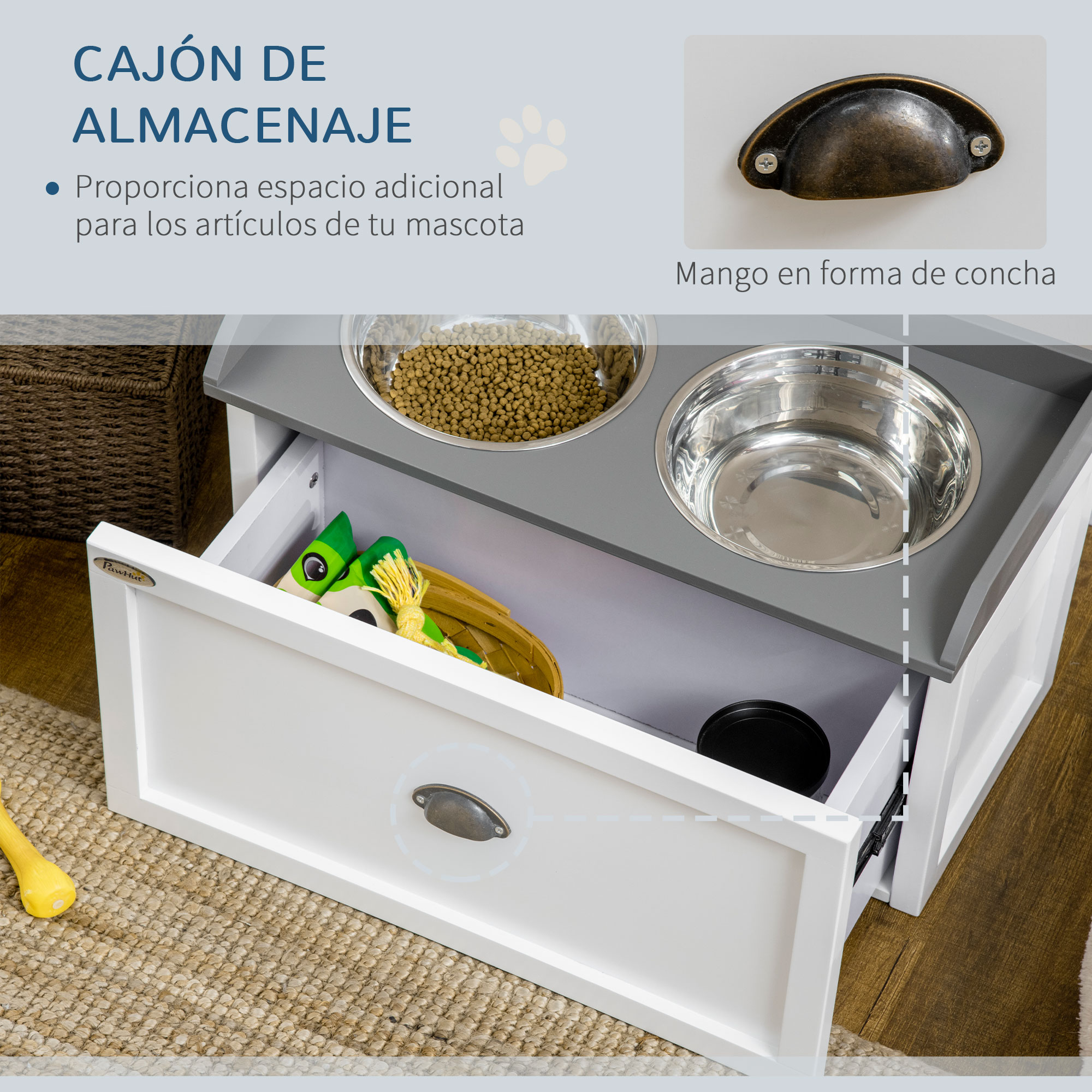Un almacenaje blanco para comida de mascotas con cajón abierto, cuencos.