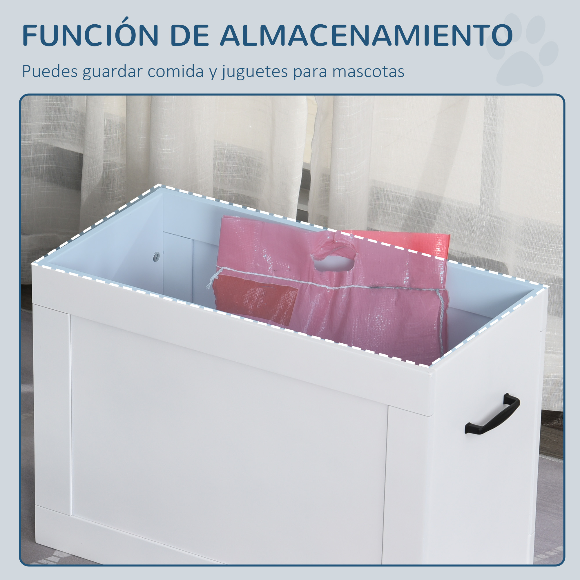 Caja blanca para juguetes de mascotas. Contiene bolsas rosas. Texto: Función de almacenamiento.