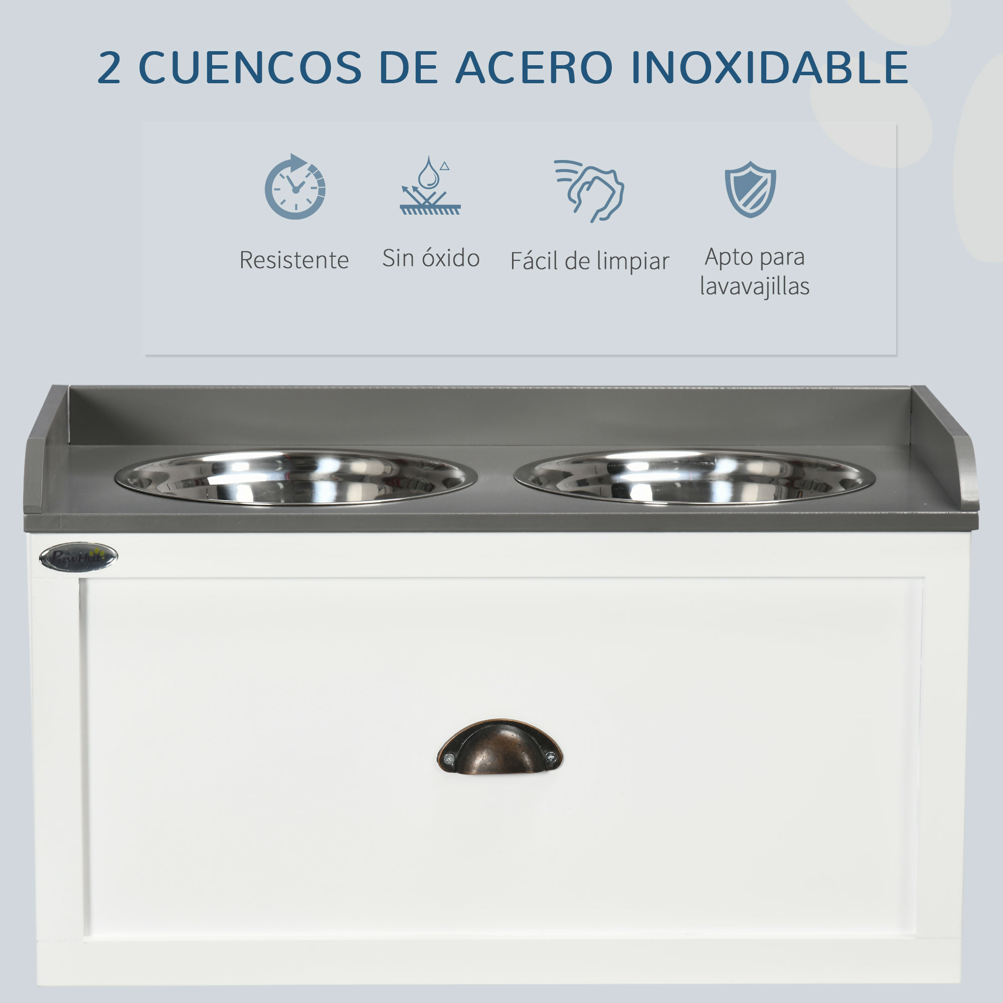 Dos cuencos de acero inoxidable para perros en un armario blanco con asa.