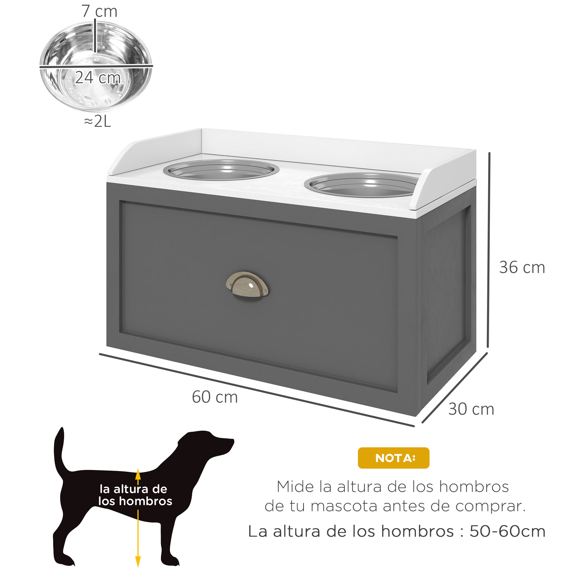 Cuenco para comida de perro con dimensiones y silueta de perro, con una nota sobre la altura del hombro.