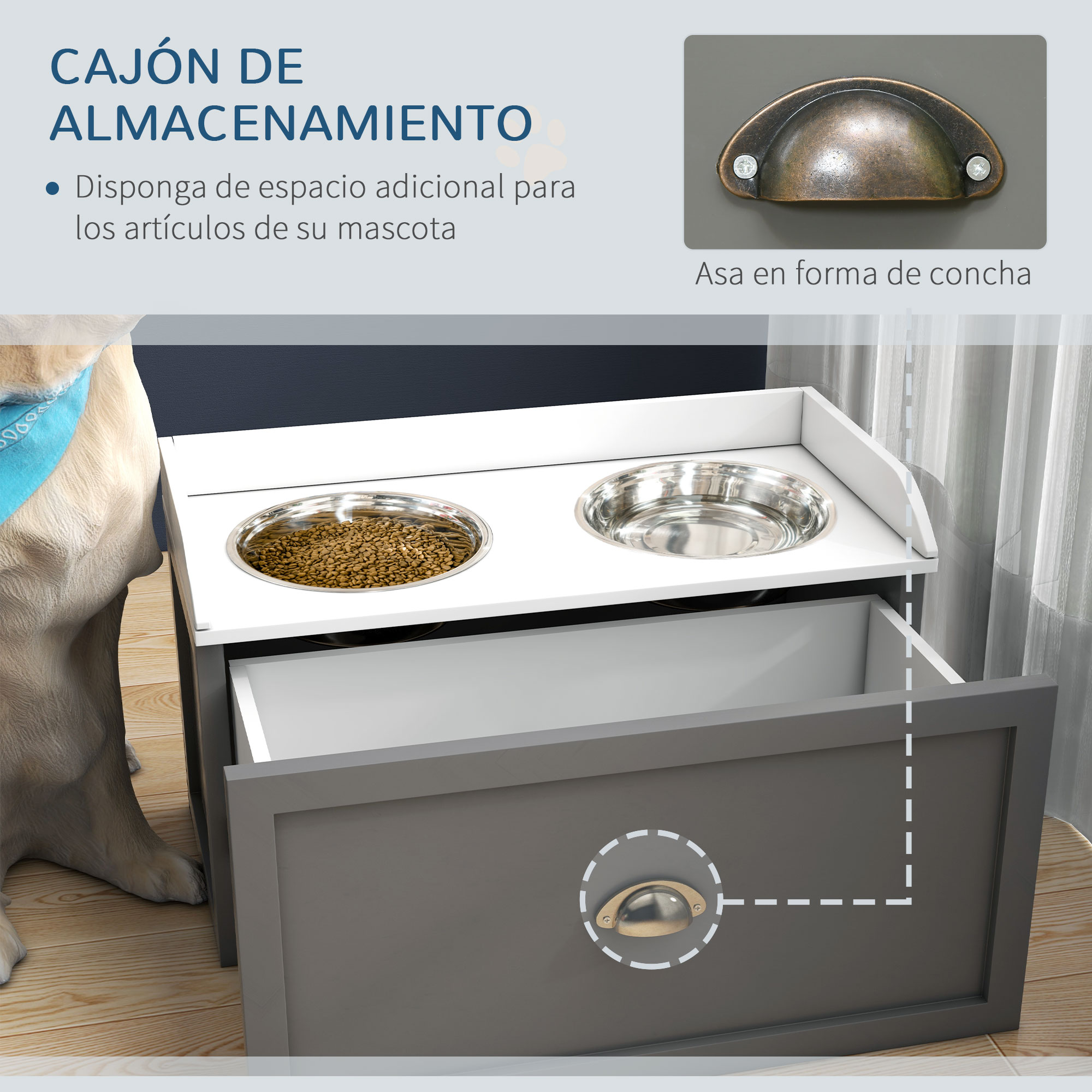 Una unidad de almacenamiento de comida para perros con dos cuencos de acero y un cajón, con un perro visible.
