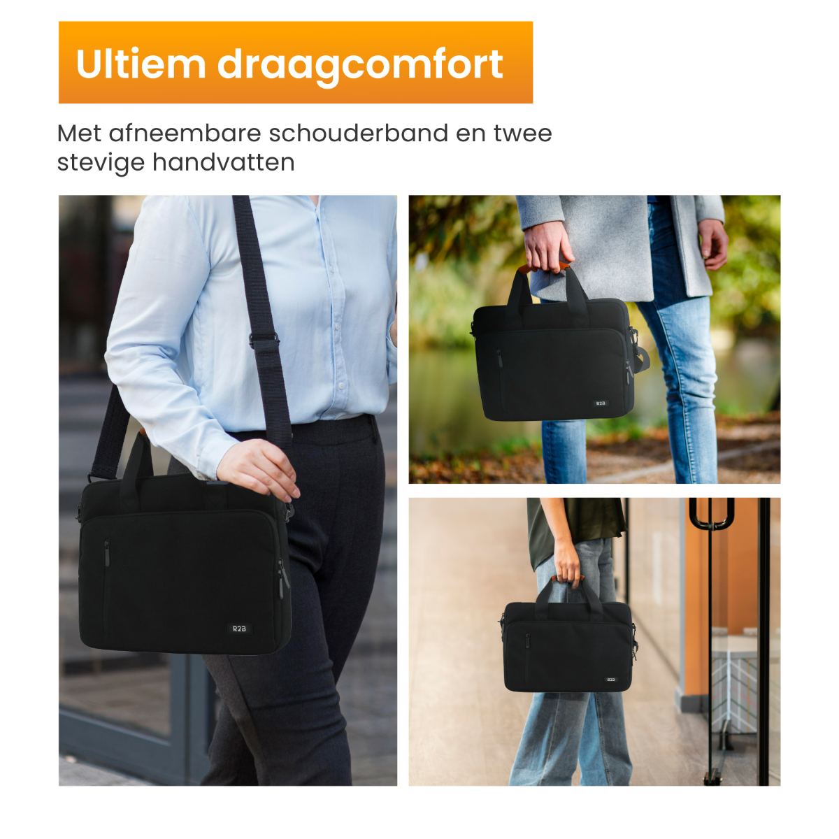 Une femme portant un sac d'ordinateur portable noir, montrant plusieurs vues du sac et de son design.