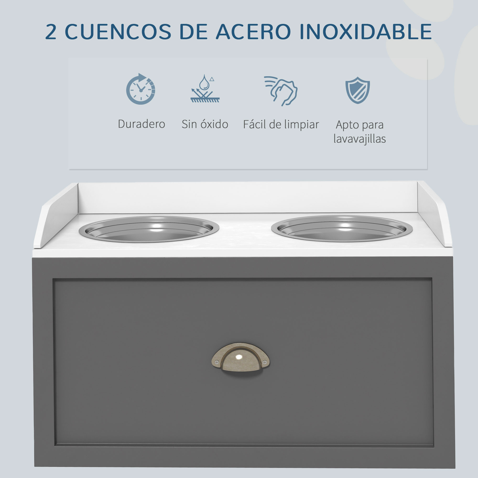 Cuencos para perros de acero inoxidable en un soporte gris y blanco. El texto indica durabilidad, inoxidable, fácil limpieza, apto para lavavajillas.