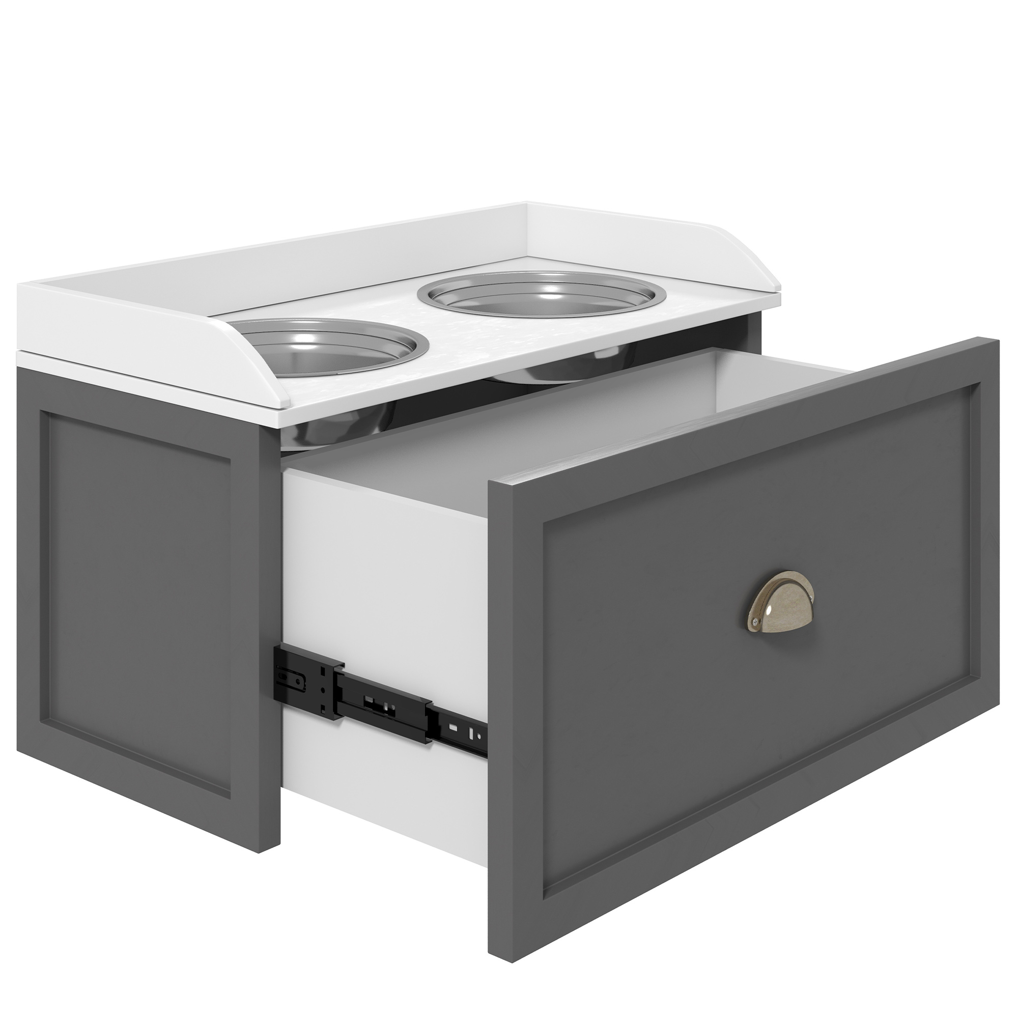 Mueble para comida de mascotas gris y blanco con dos cuencos y un cajón abierto.