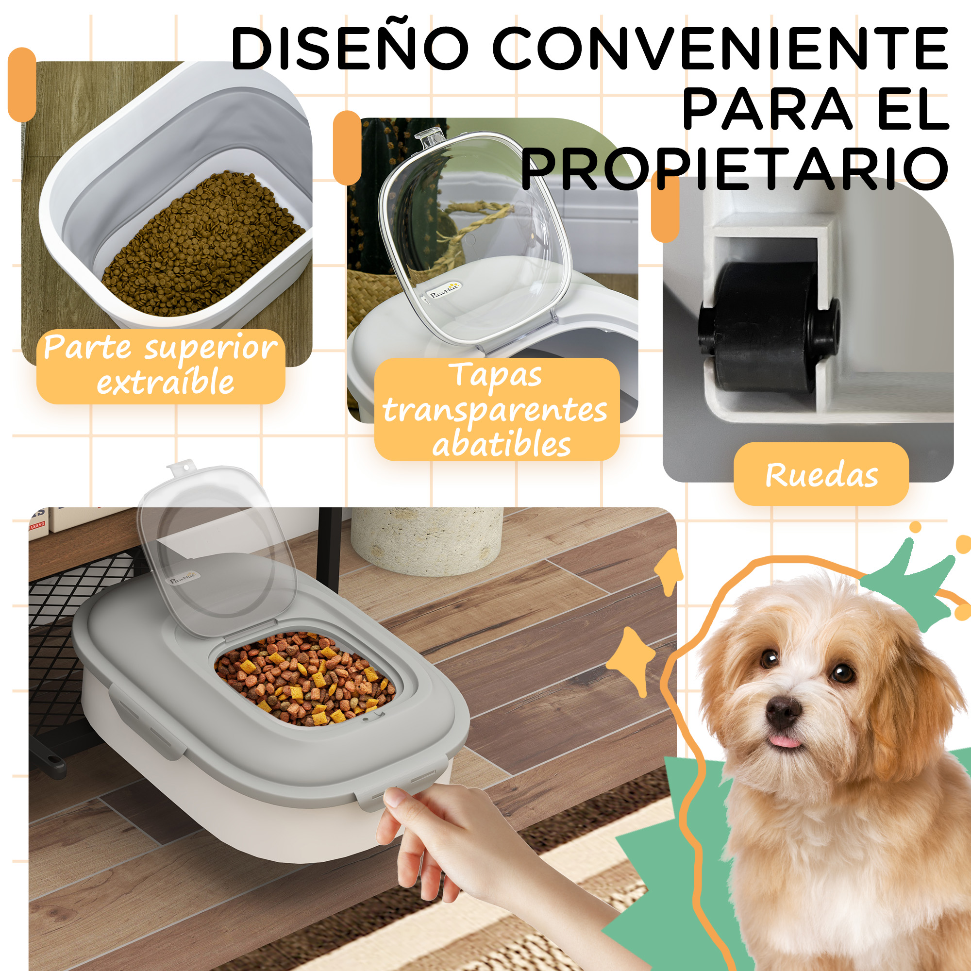 Un diagrama que muestra un recipiente de comida para perros, comida y un perro. Incluye texto en español.
