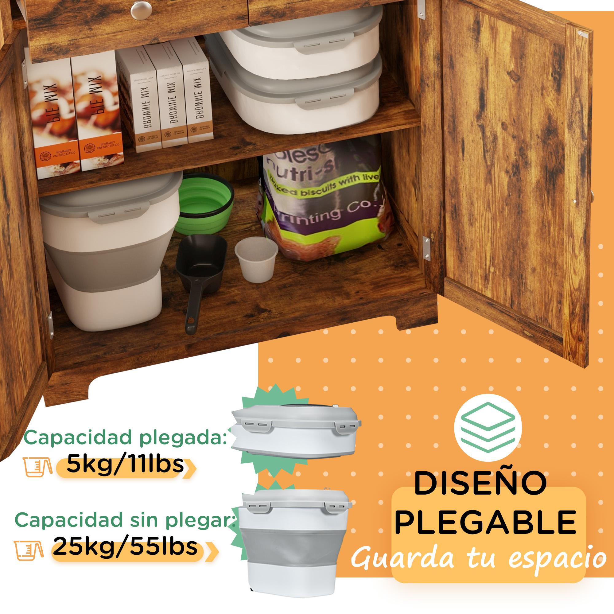 Armario de madera con puertas abiertas, mostrando contenedores y cajas de alimentos. Diseño plegable.