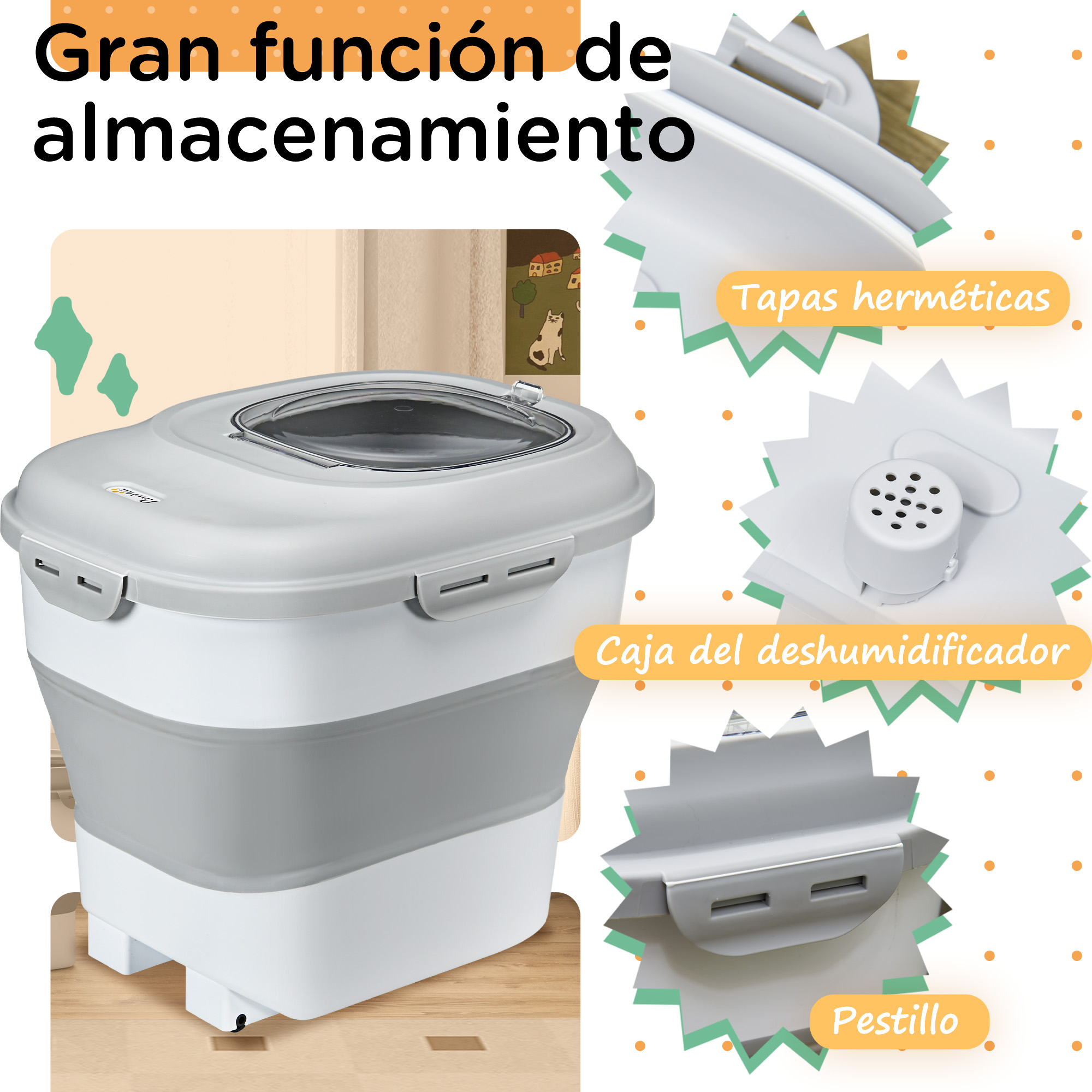 Contenedor de almacenamiento con tapa, caja deshumidificadora y pestillo. Flechas indican la función de fácil limpieza.